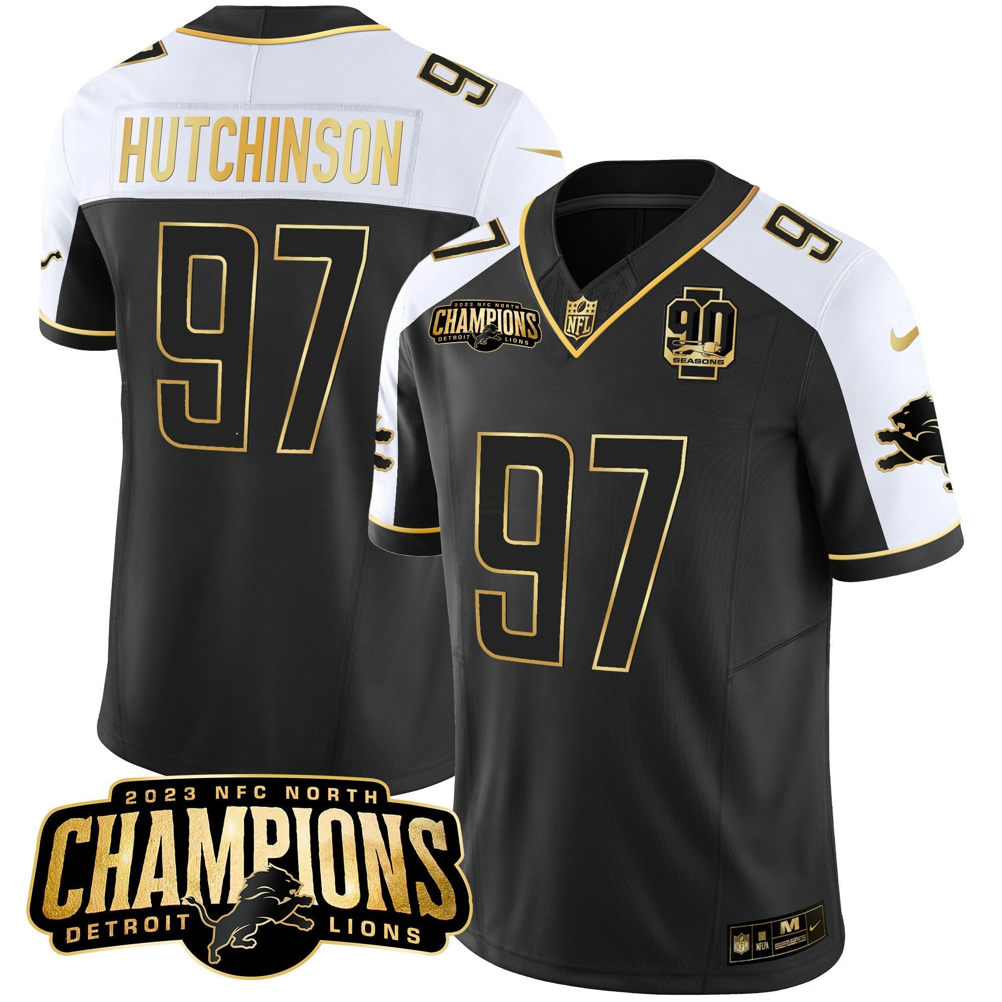 Camisa NFL Men’s Detroit 2023 NFC North Champions Patch Dourada Vapor Jersey V2