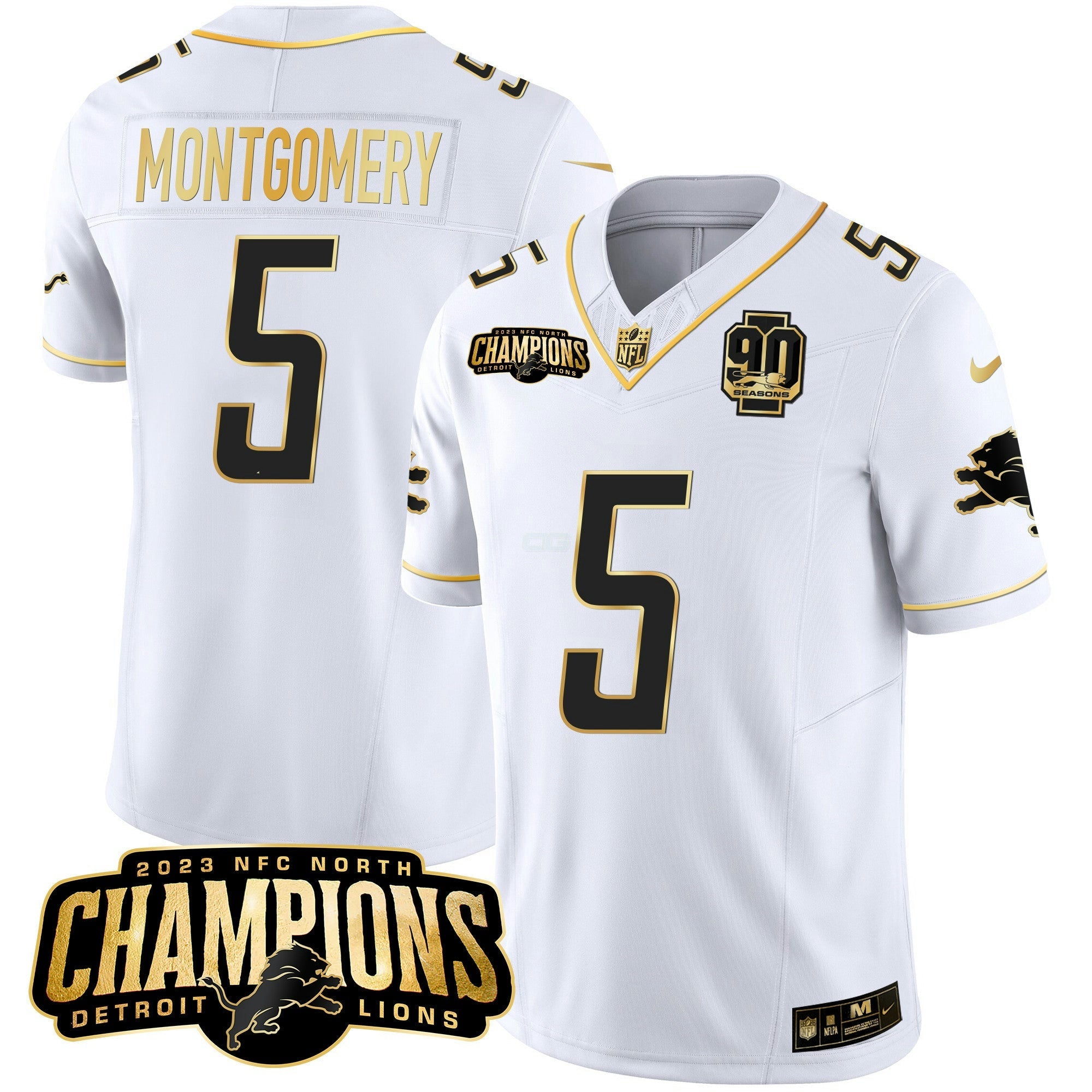 Camisa NFL Men’s Detroit 2023 NFC North Champions Patch Dourada Vapor Jersey V2