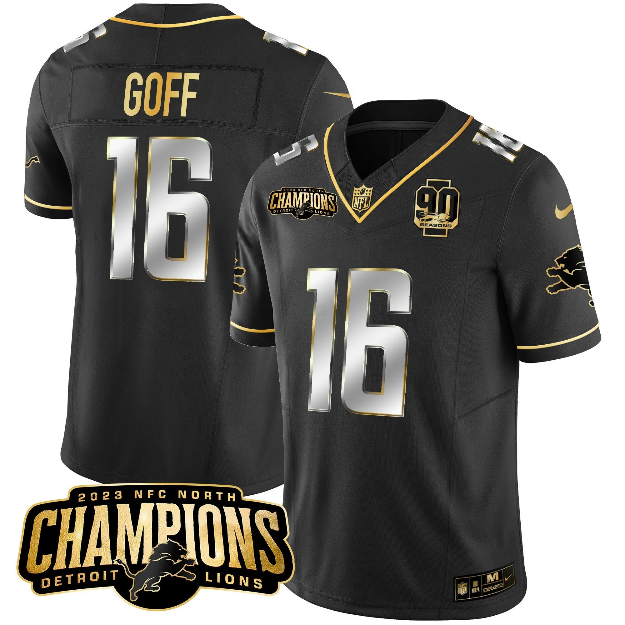 Camisa NFL Men’s Detroit 2023 NFC North Champions Patch Dourada Vapor Jersey V2