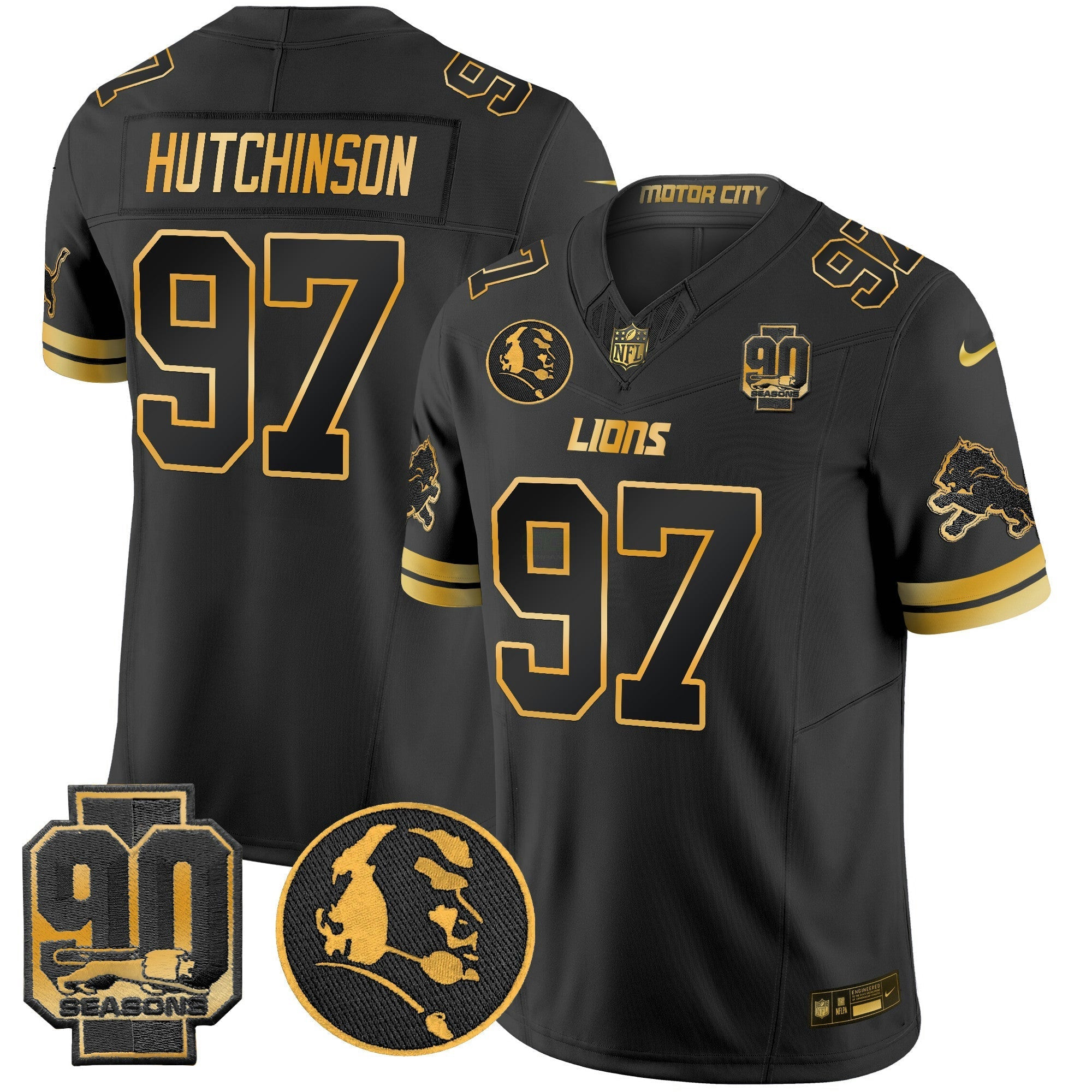 Camisa NFL Men’s Detroit 2024 90th & John Madden Patch Dourada Vapor Limited Jersey V2