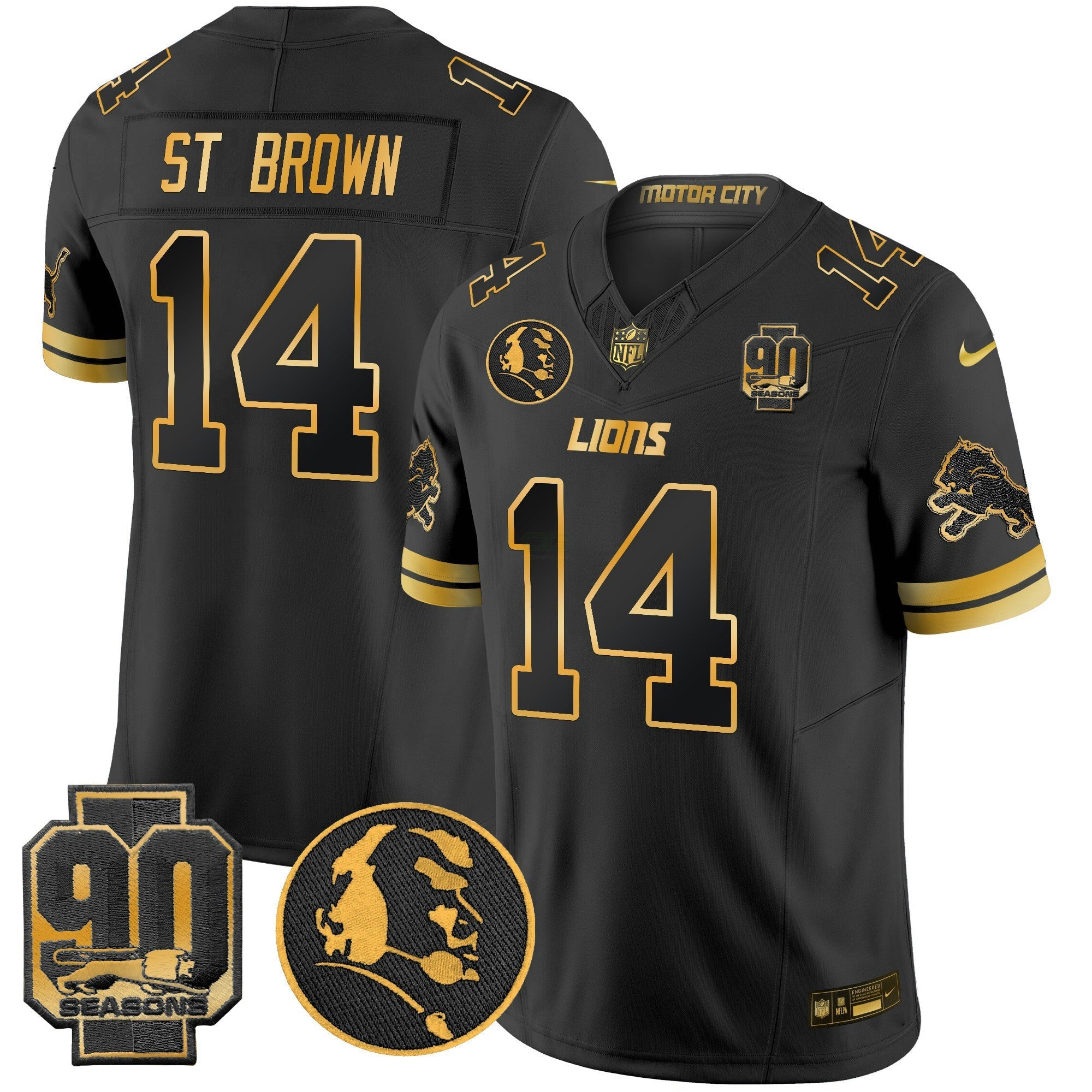Camisa NFL Men’s Detroit 2024 90th & John Madden Patch Dourada Vapor Limited Jersey V2