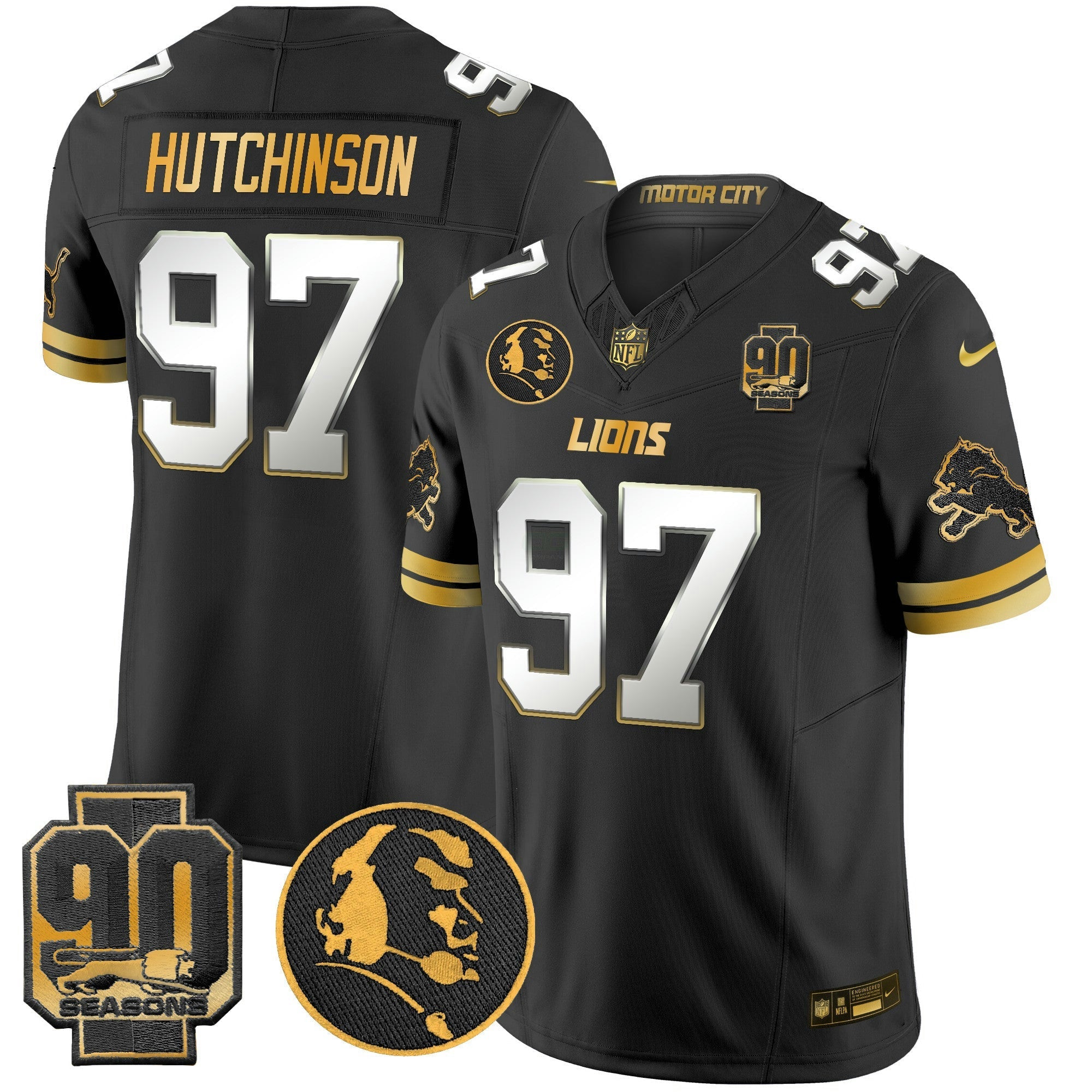 Camisa NFL Men’s Detroit 2024 90th & John Madden Patch Dourada Vapor Limited Jersey V2