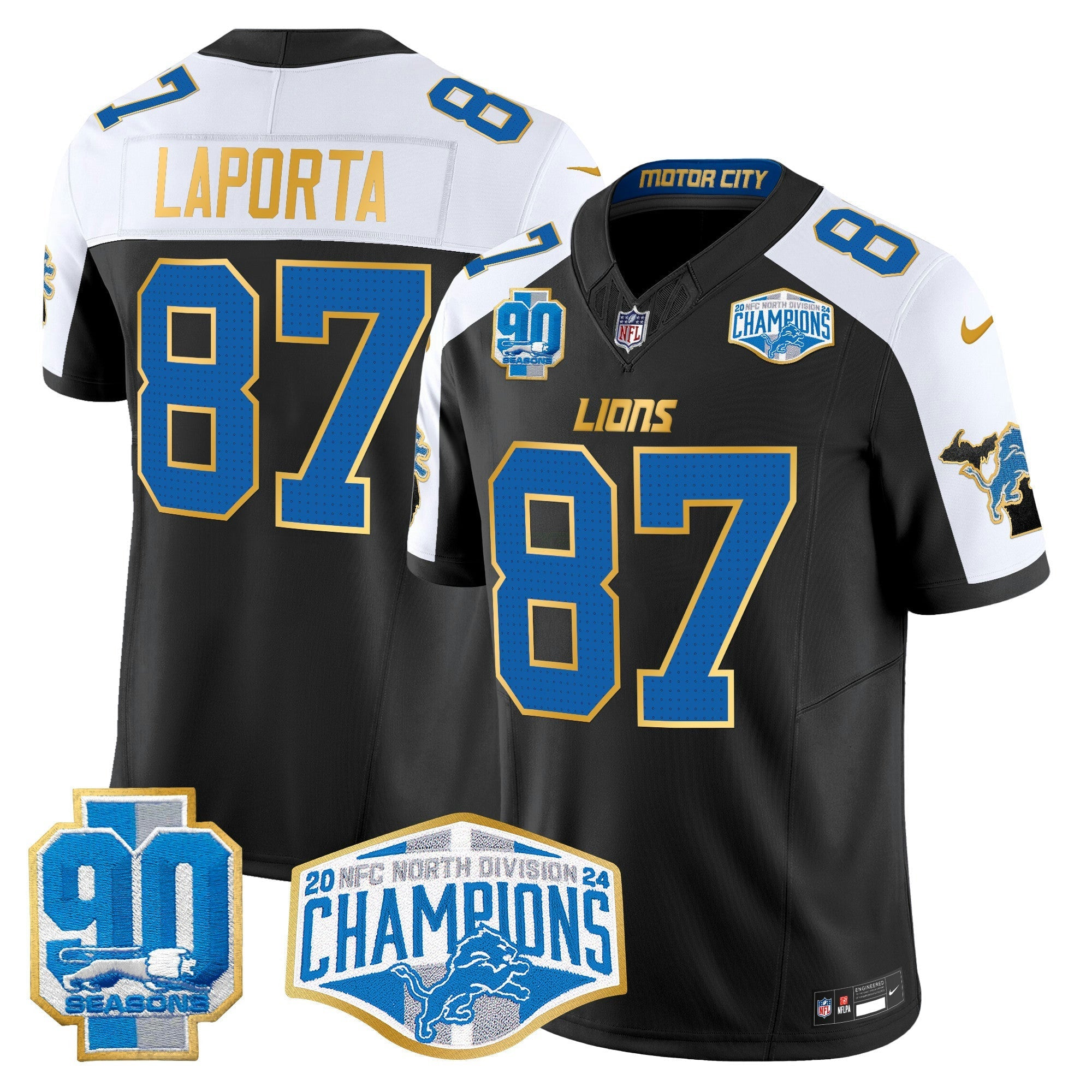 Camisa NFL Men’s Detroit 2024 NFC North Division Champions Patch Dourada Trim Vapor Limited Jersey
