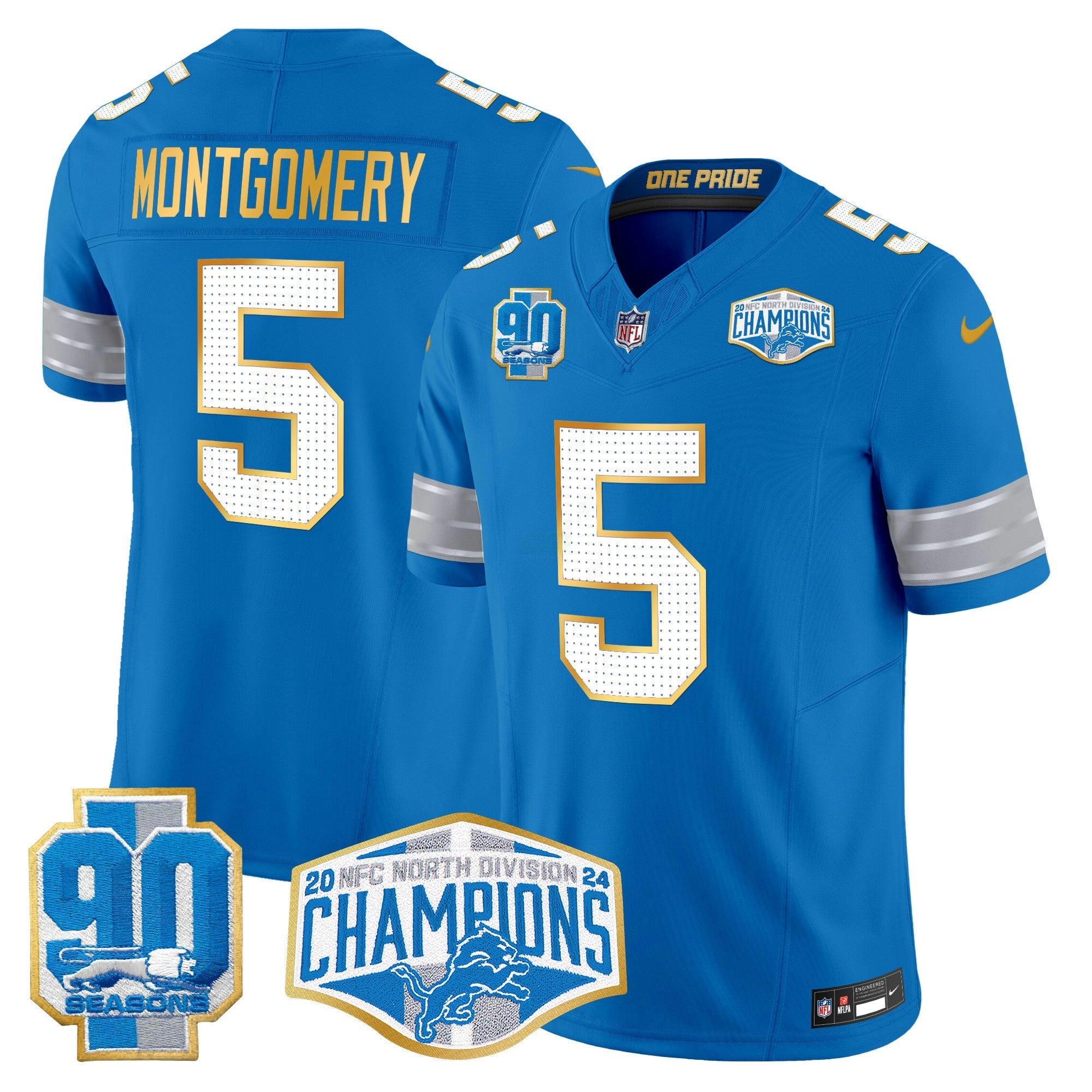 Camisa NFL Men’s Detroit 2024 NFC North Division Champions Patch Dourada Trim Vapor Limited Jersey