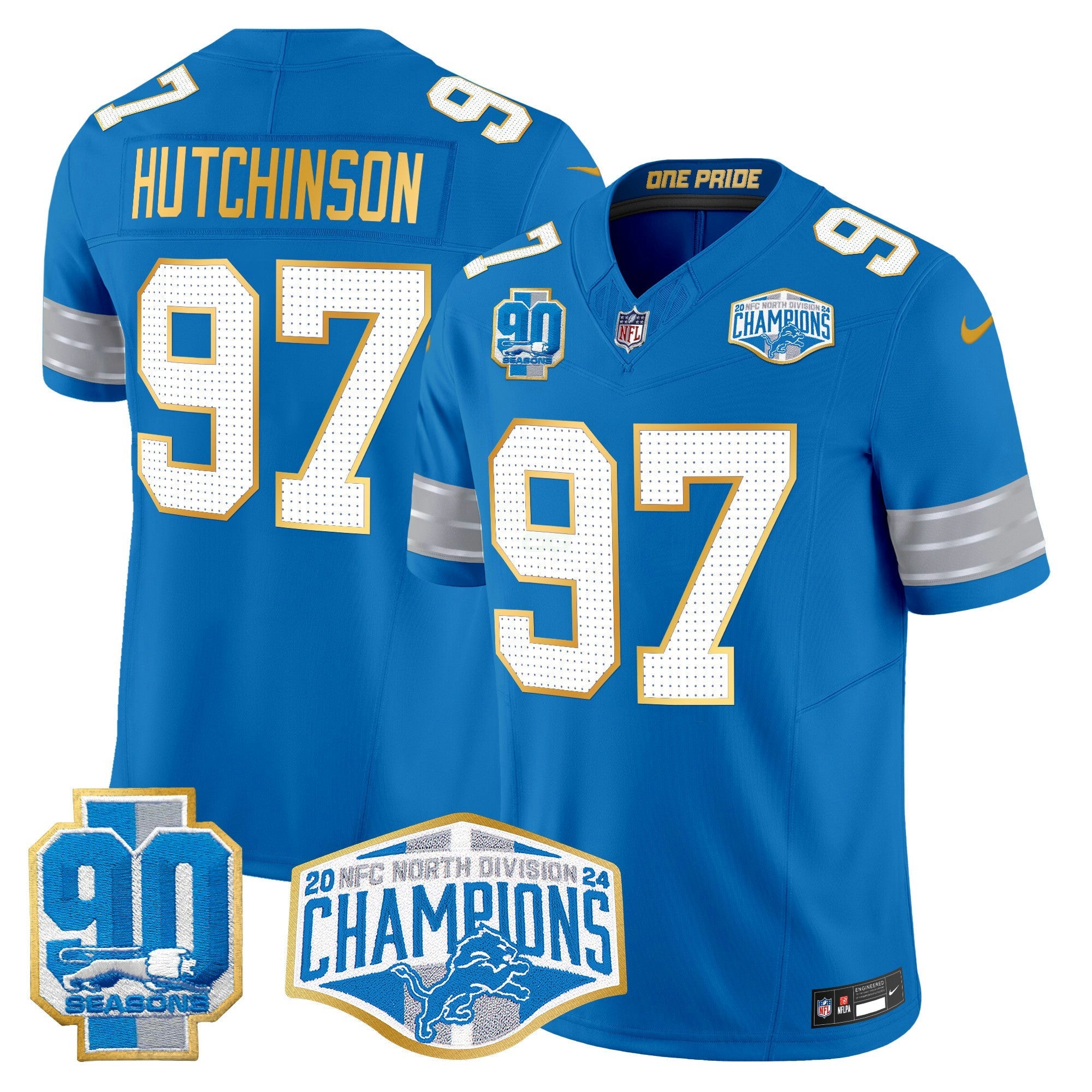 Camisa NFL Men’s Detroit 2024 NFC North Division Champions Patch Dourada Trim Vapor Limited Jersey