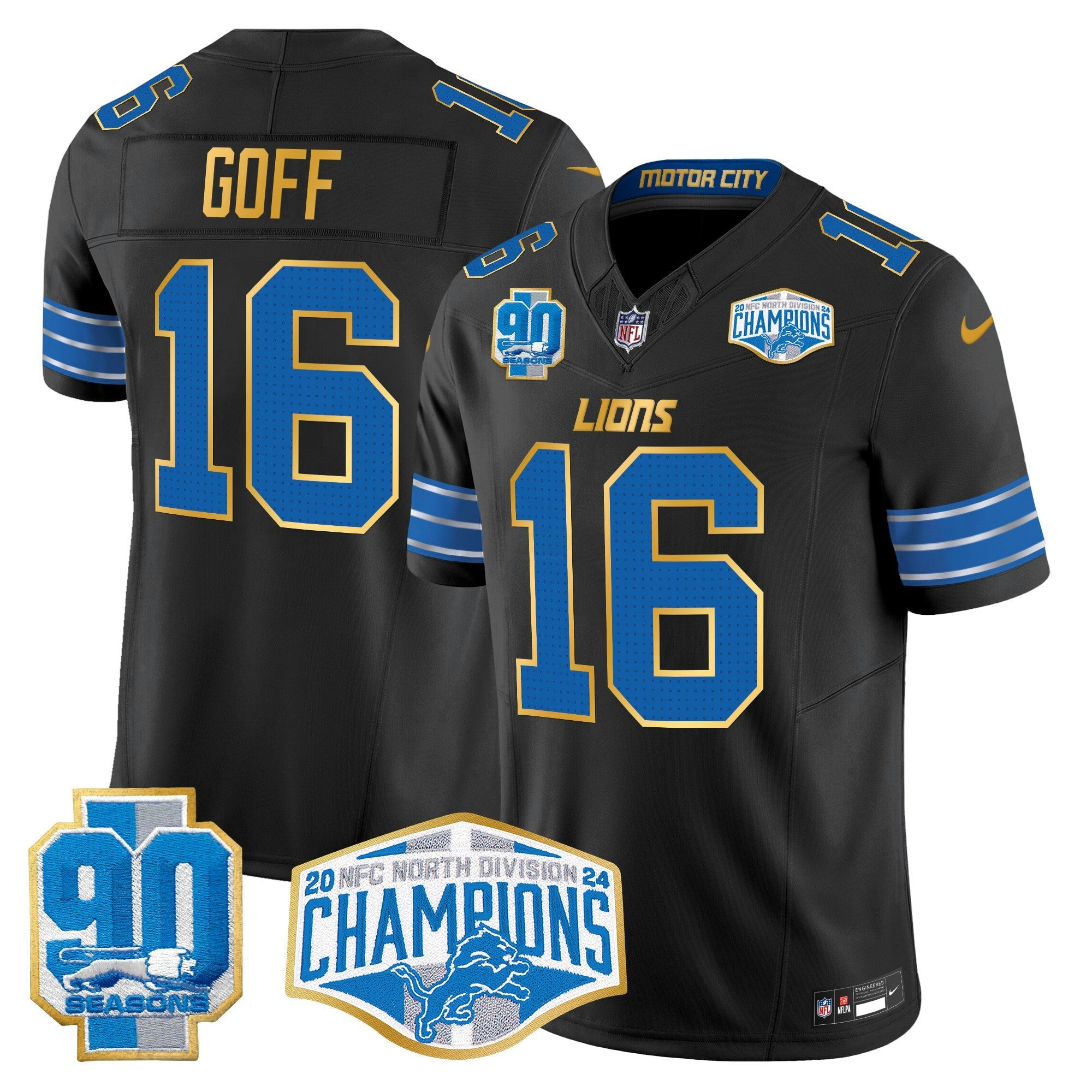 Camisa NFL Men’s Detroit 2024 NFC North Division Champions Patch Dourada Trim Vapor Limited Jersey