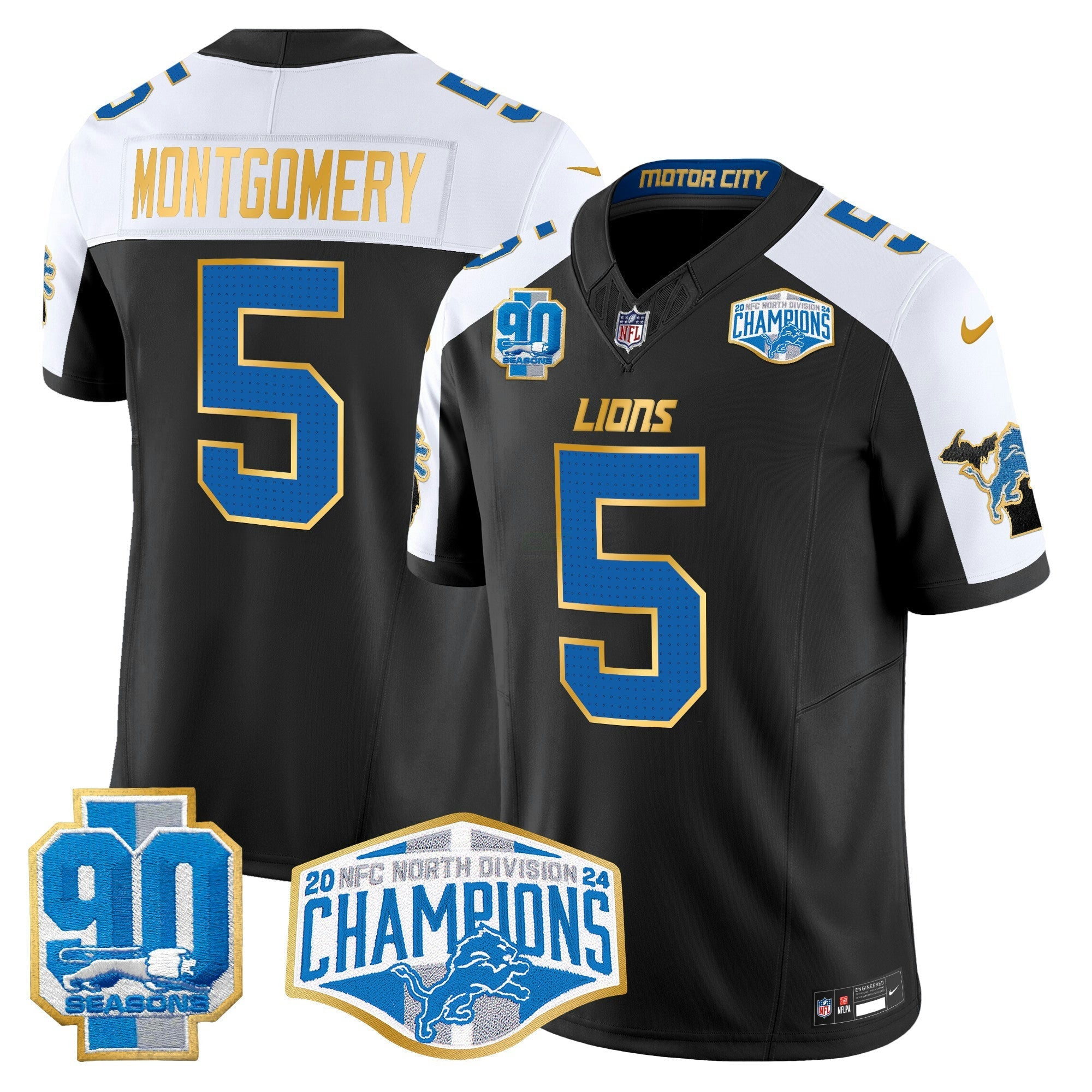 Camisa NFL Men’s Detroit 2024 NFC North Division Champions Patch Dourada Trim Vapor Limited Jersey
