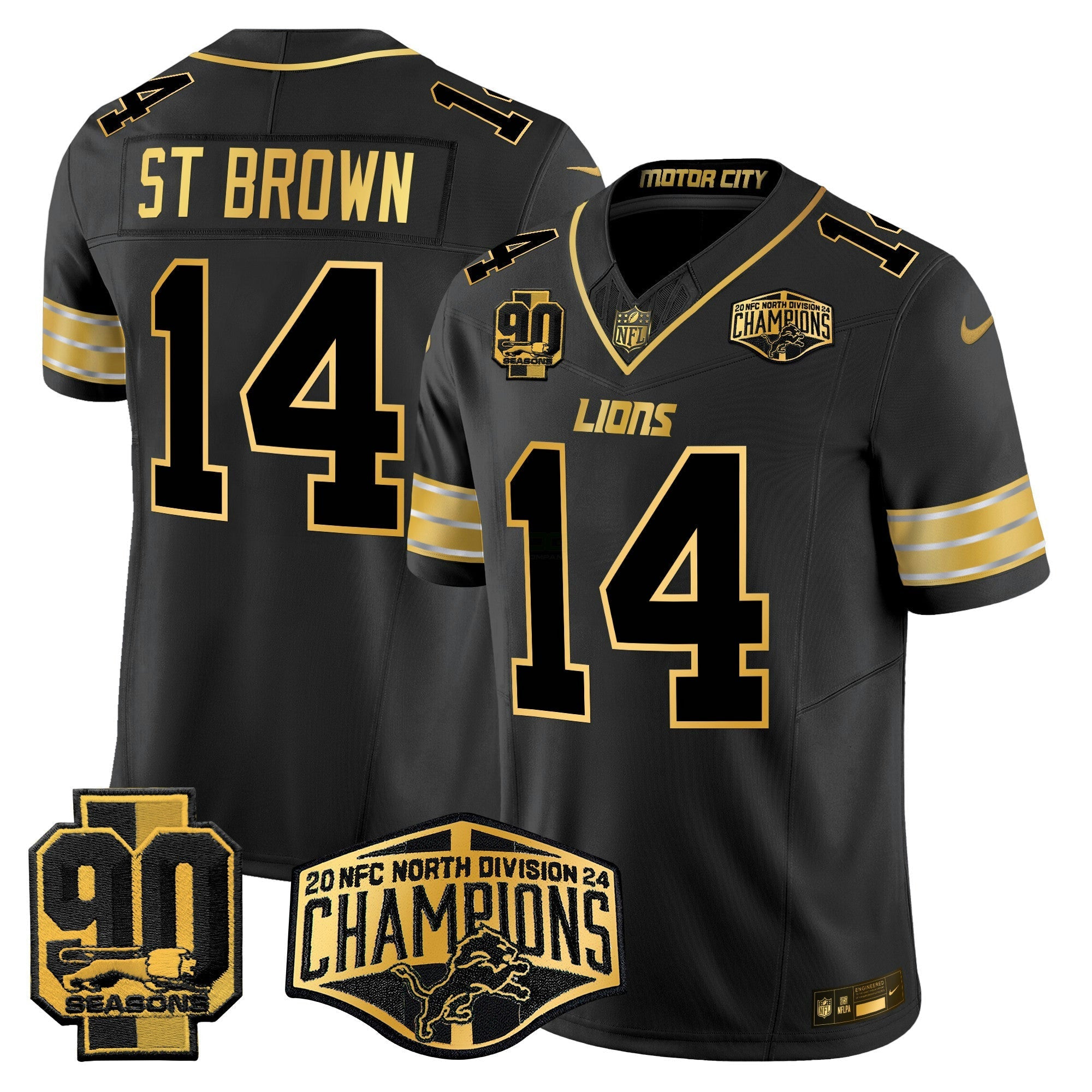 Camisa NFL Men’s Detroit 2024 NFC North Division Champions Patch Dourada Vapor Limited Jersey