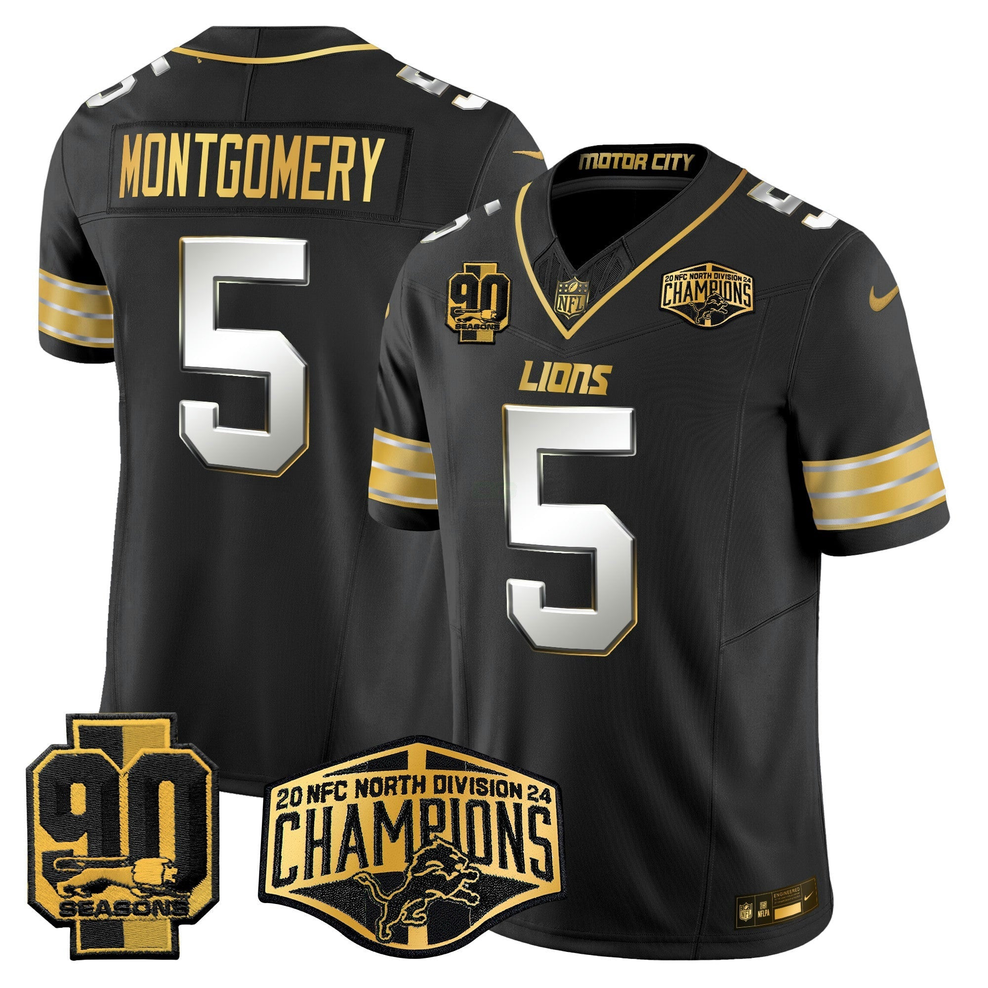 Camisa NFL Men’s Detroit 2024 NFC North Division Champions Patch Dourada Vapor Limited Jersey