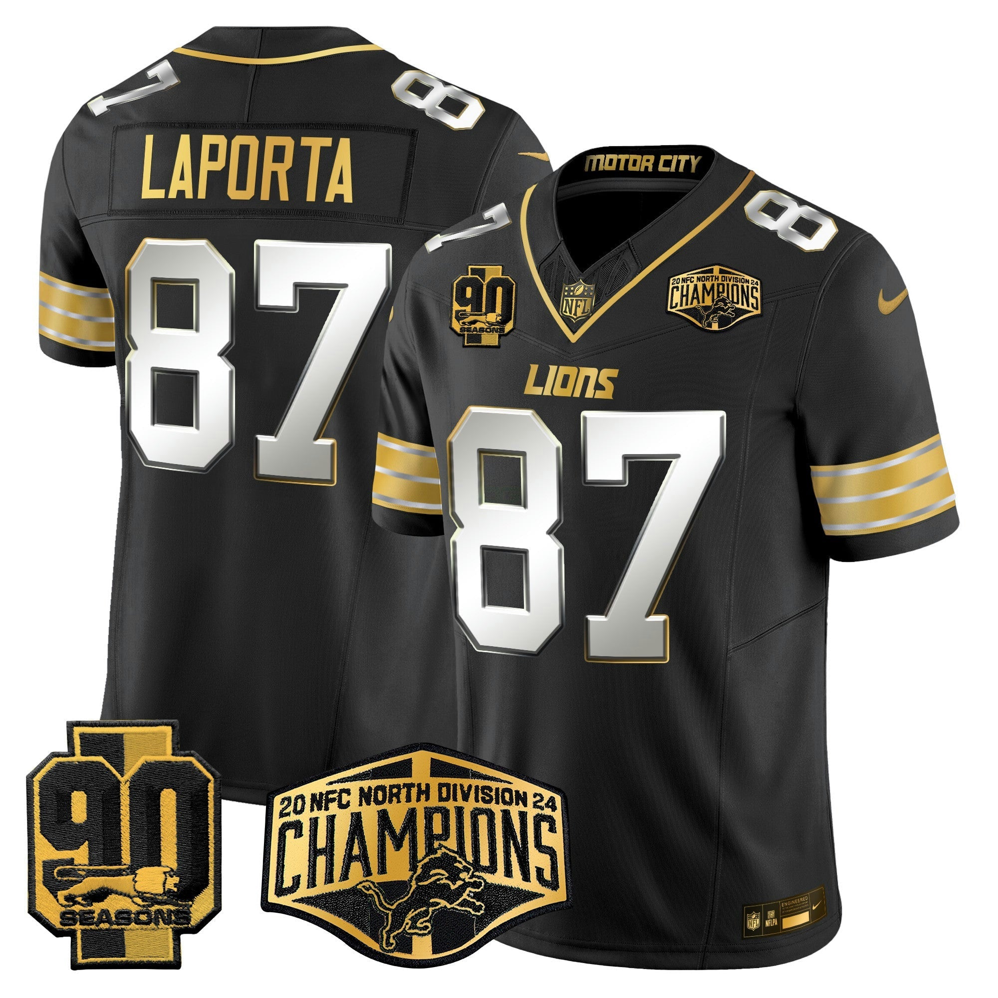 Camisa NFL Men’s Detroit 2024 NFC North Division Champions Patch Dourada Vapor Limited Jersey