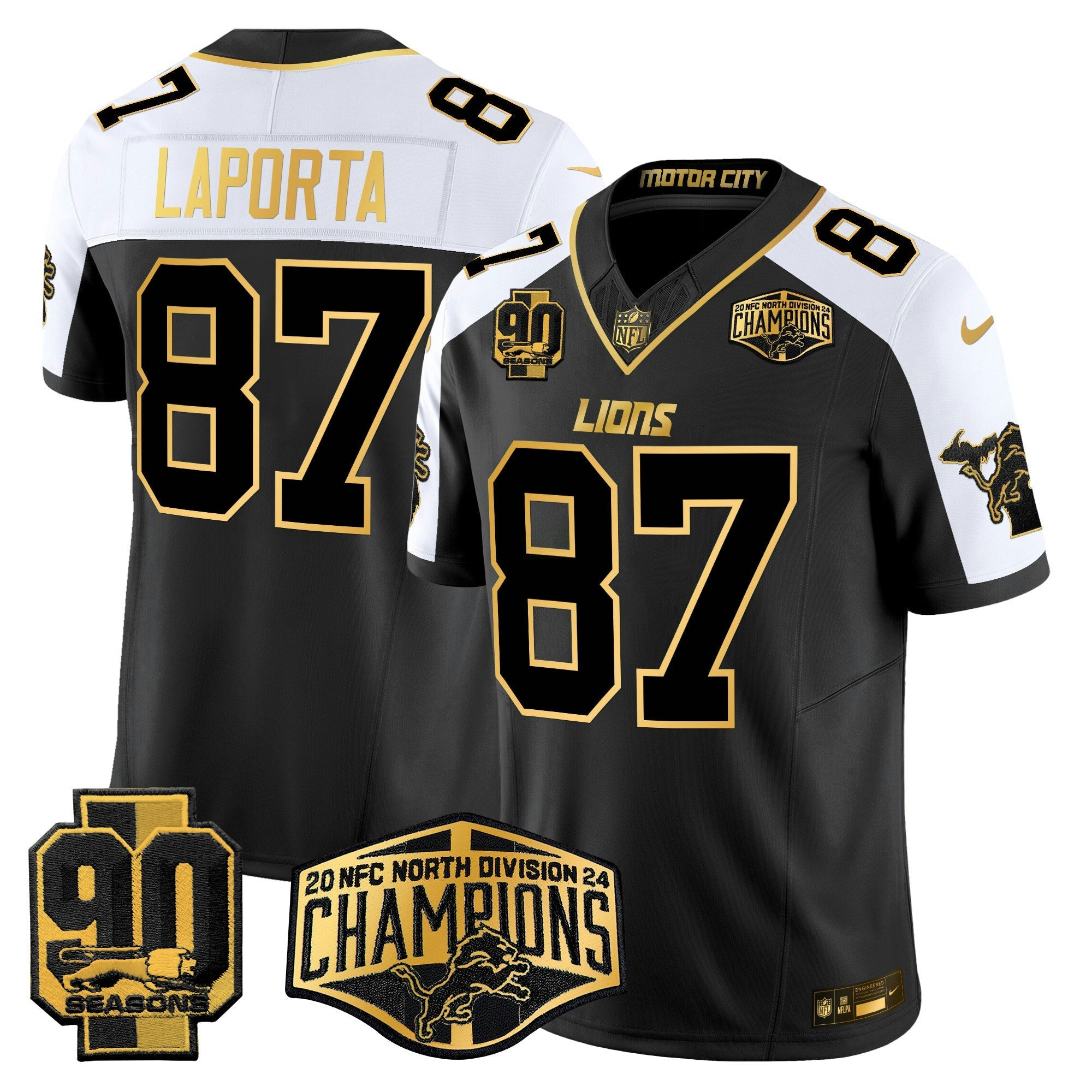 Camisa NFL Men’s Detroit 2024 NFC North Division Champions Patch Dourada Vapor Limited Jersey