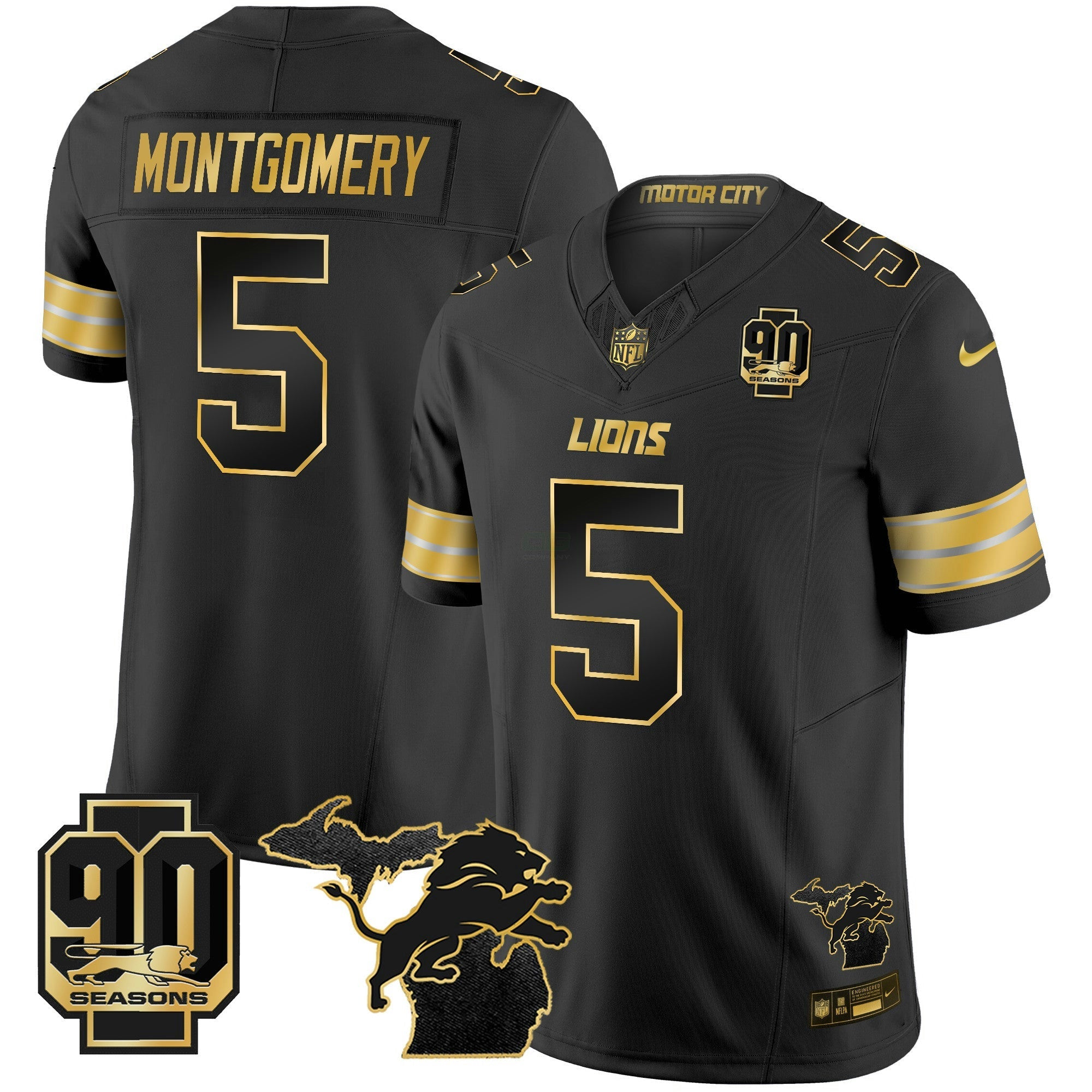 Camisa NFL Men’s Detroit 2025 Michigan & 90th Season Patch Dourada Vapor Limited Jersey