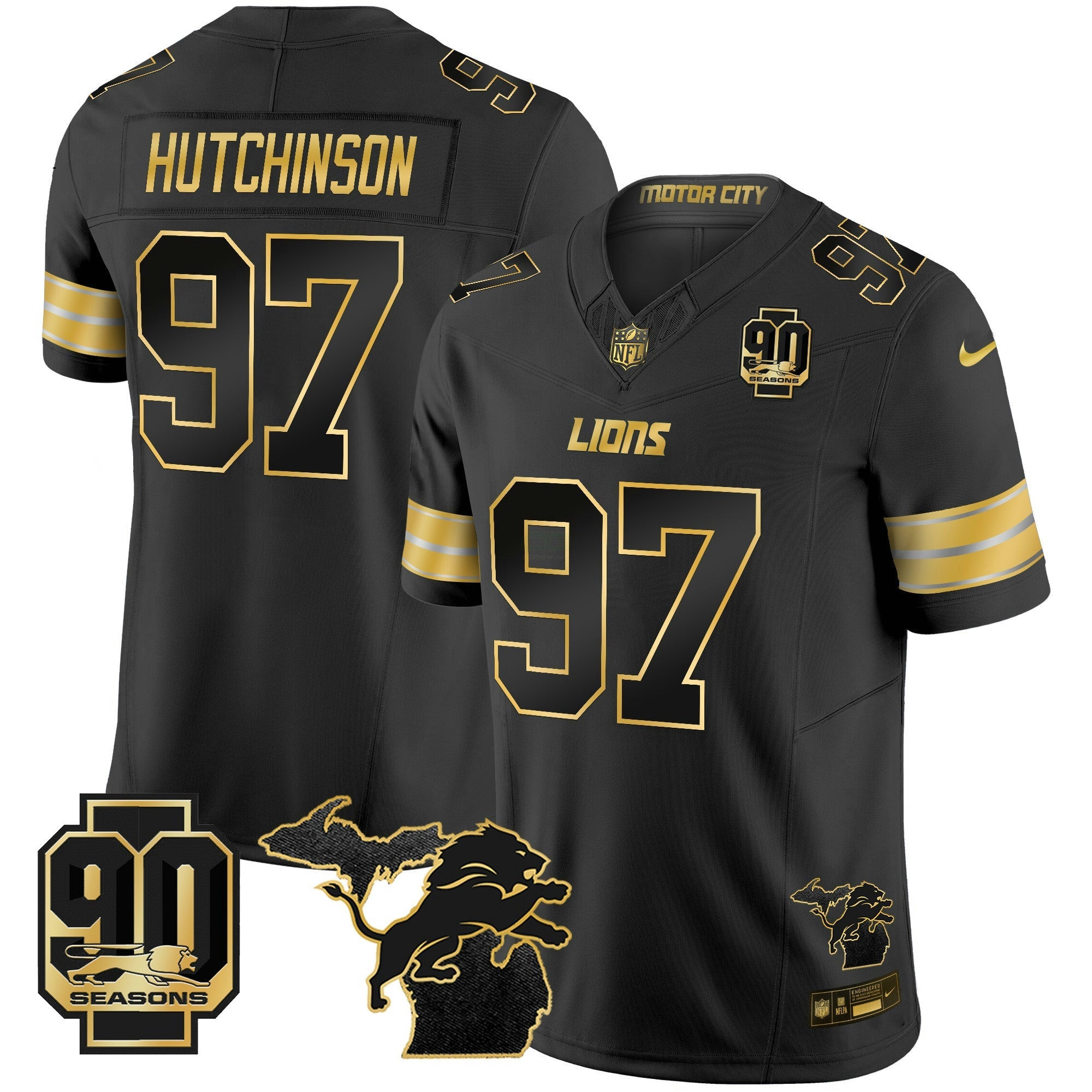 Camisa NFL Men’s Detroit 2025 Michigan & 90th Season Patch Dourada Vapor Limited Jersey