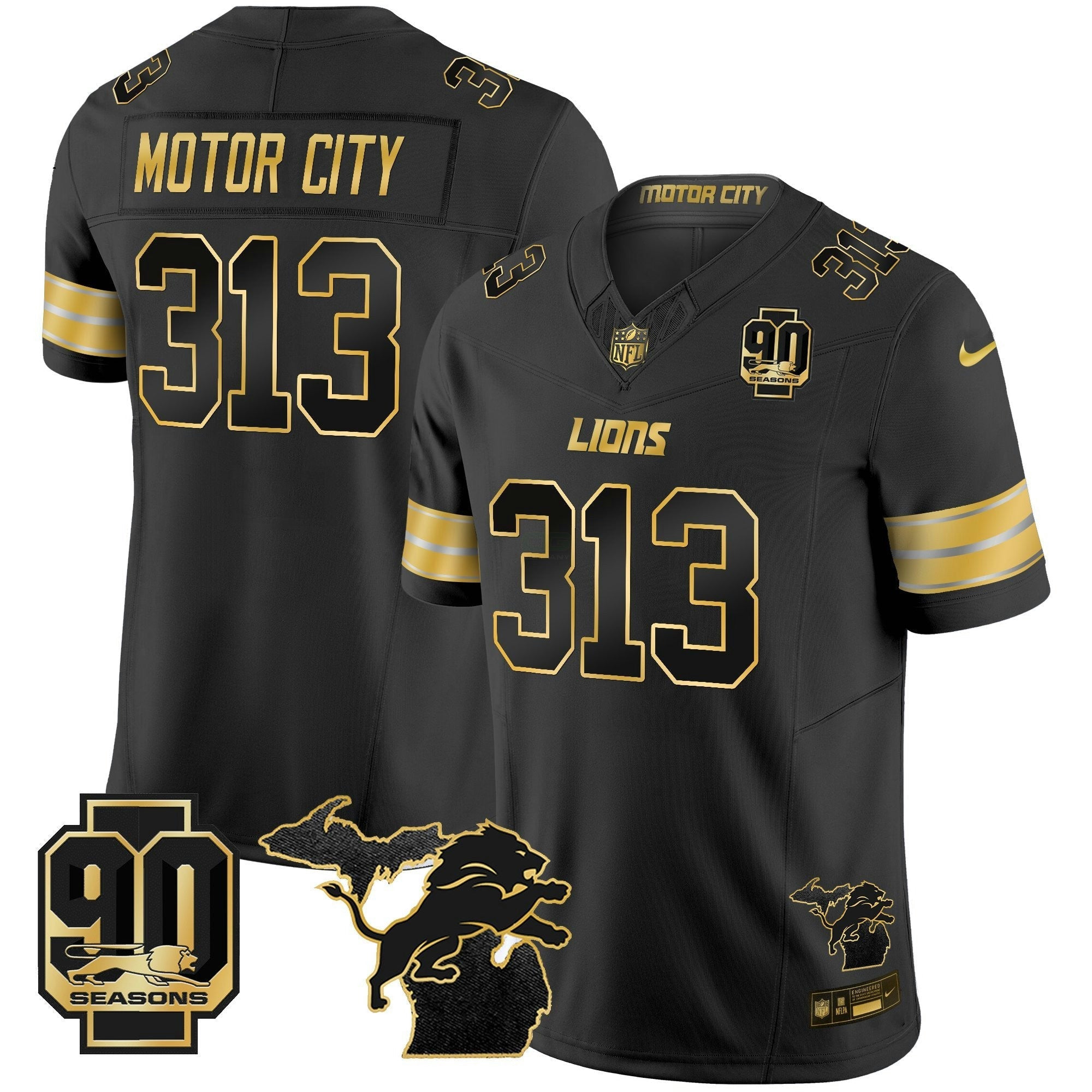 Camisa NFL Men’s Detroit 2025 Michigan & 90th Season Patch Dourada Vapor Limited Jersey