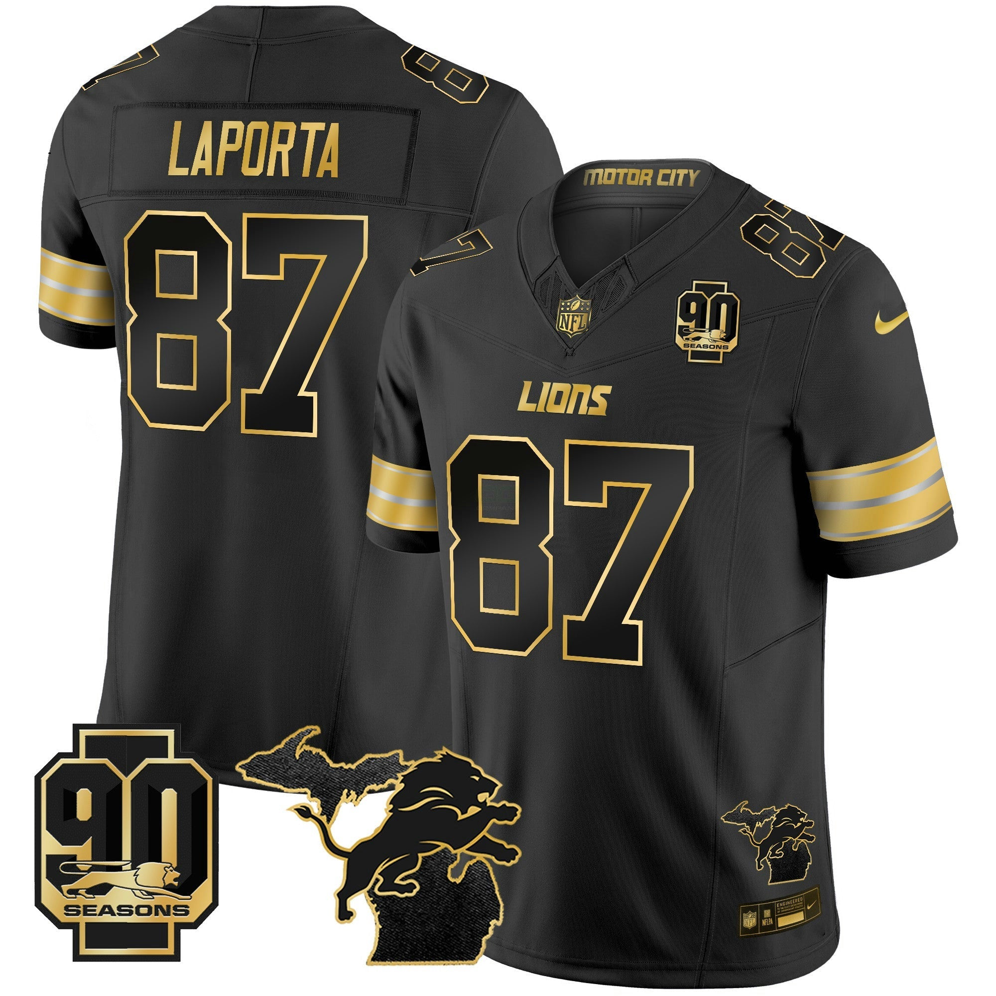 Camisa NFL Men’s Detroit 2025 Michigan & 90th Season Patch Dourada Vapor Limited Jersey