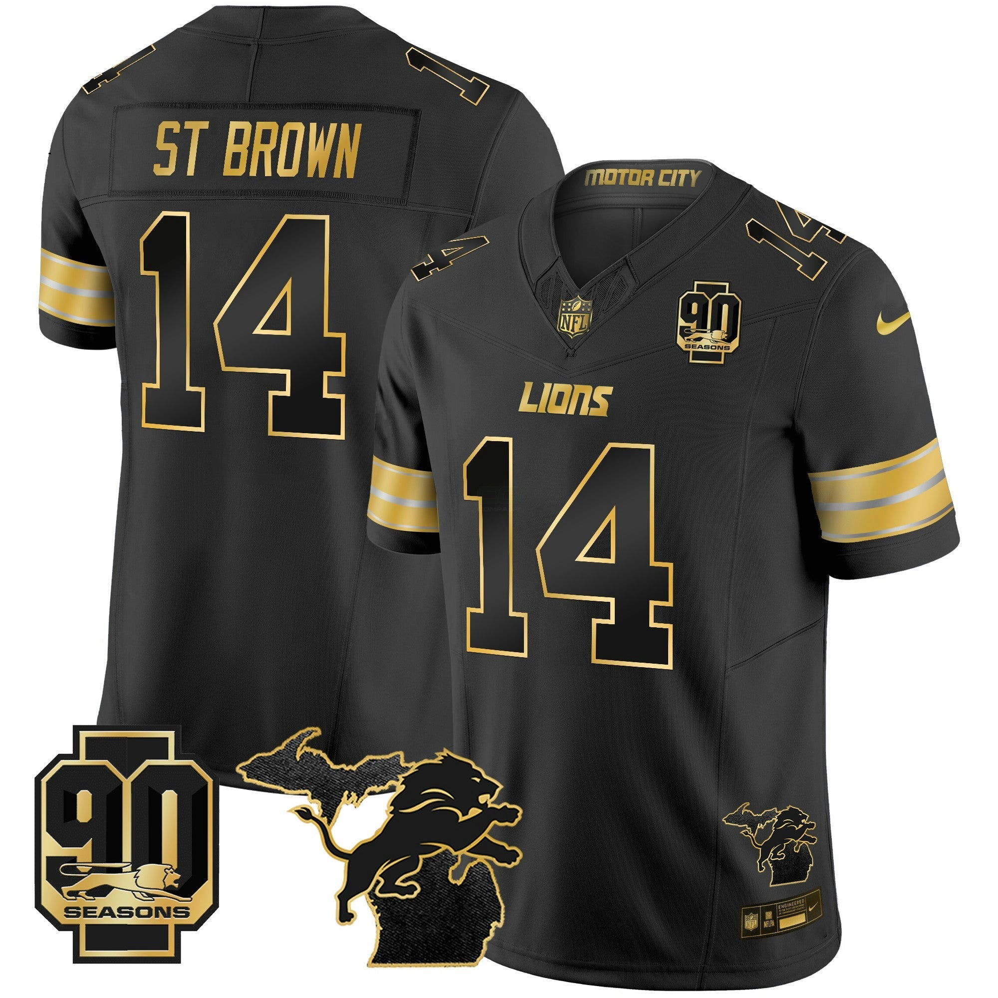 Camisa NFL Men’s Detroit 2025 Michigan & 90th Season Patch Dourada Vapor Limited Jersey