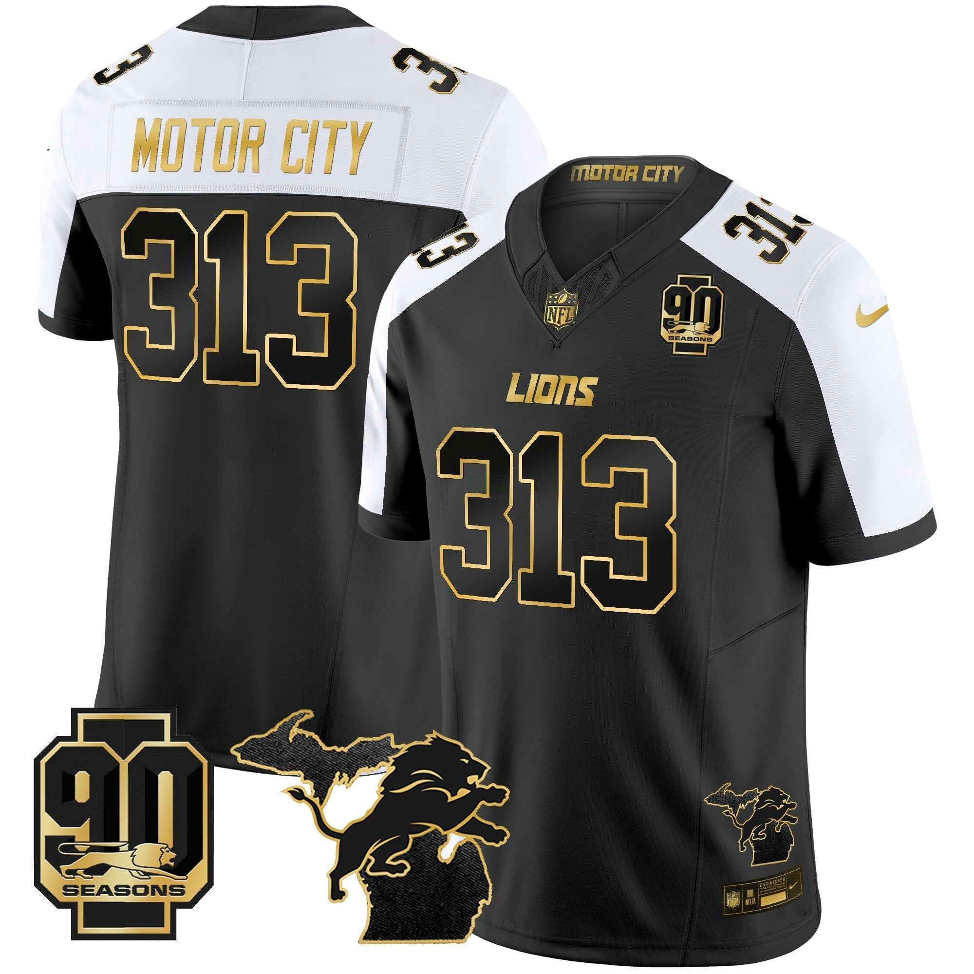 Camisa NFL Men’s Detroit 2025 Michigan & 90th Season Patch Dourada Vapor Limited Jersey