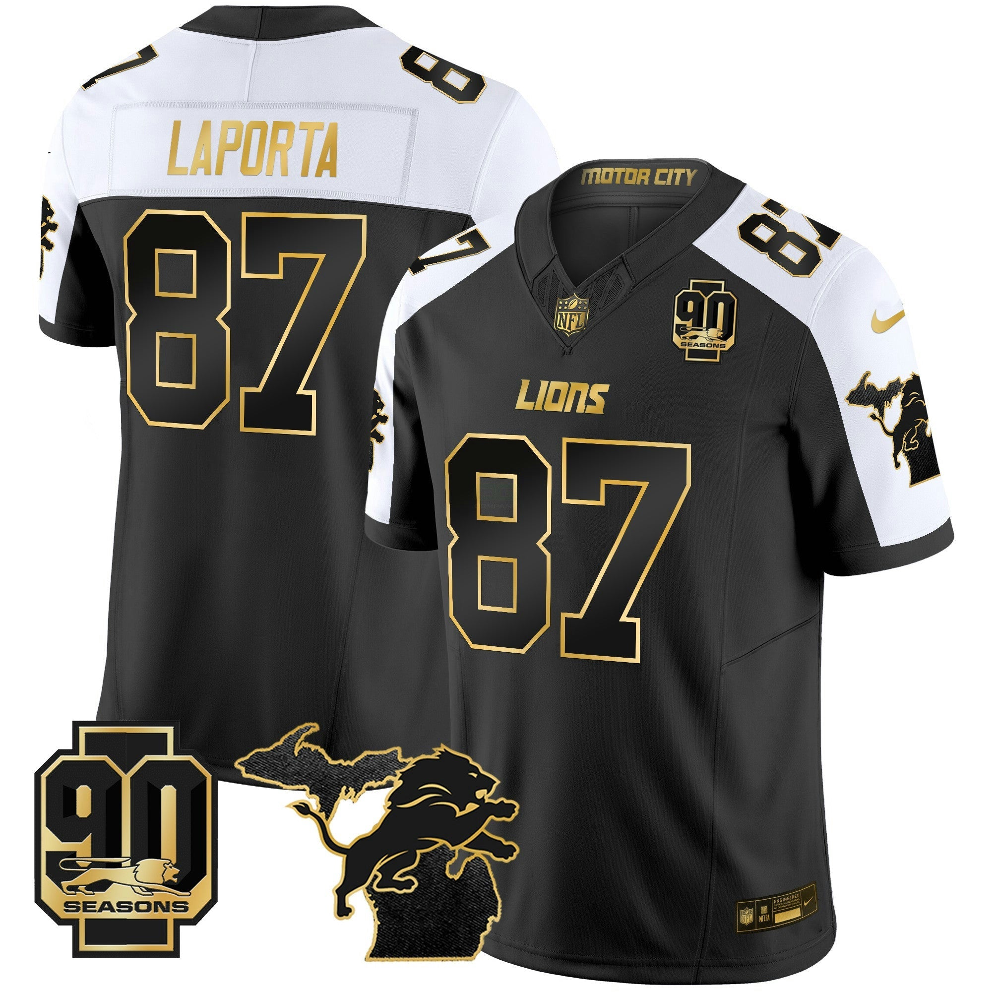 Camisa NFL Men’s Detroit 2025 Michigan & 90th Season Patch Dourada Vapor Limited Jersey