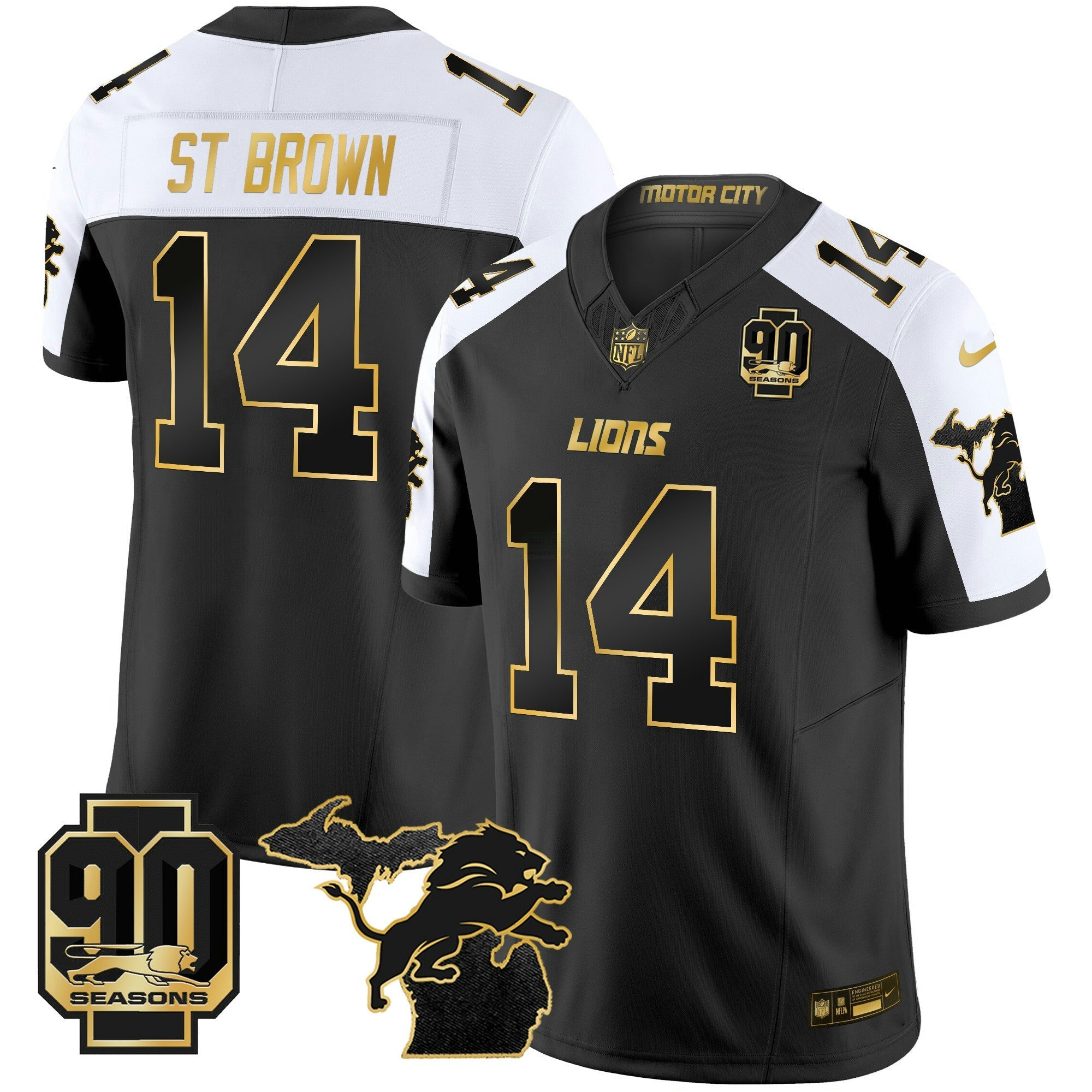 Camisa NFL Men’s Detroit 2025 Michigan & 90th Season Patch Dourada Vapor Limited Jersey