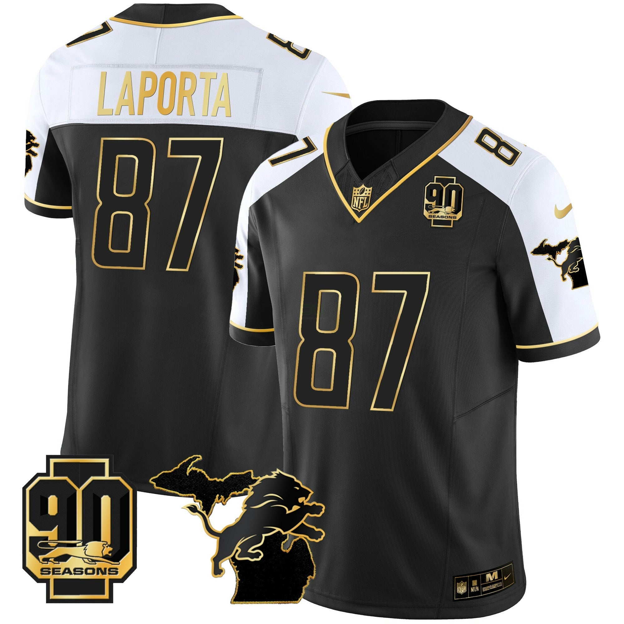 Camisa NFL Men’s Detroit 90th Year & Michigan Patch Dourada Vapor Jersey