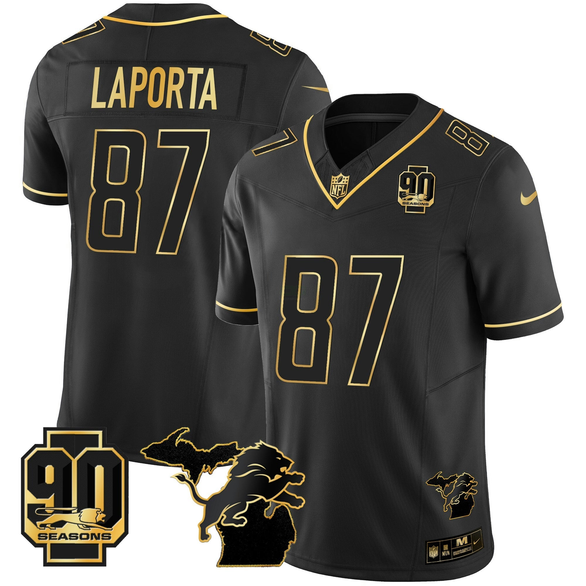 Camisa NFL Men’s Detroit 90th Year & Michigan Patch Dourada Vapor Jersey