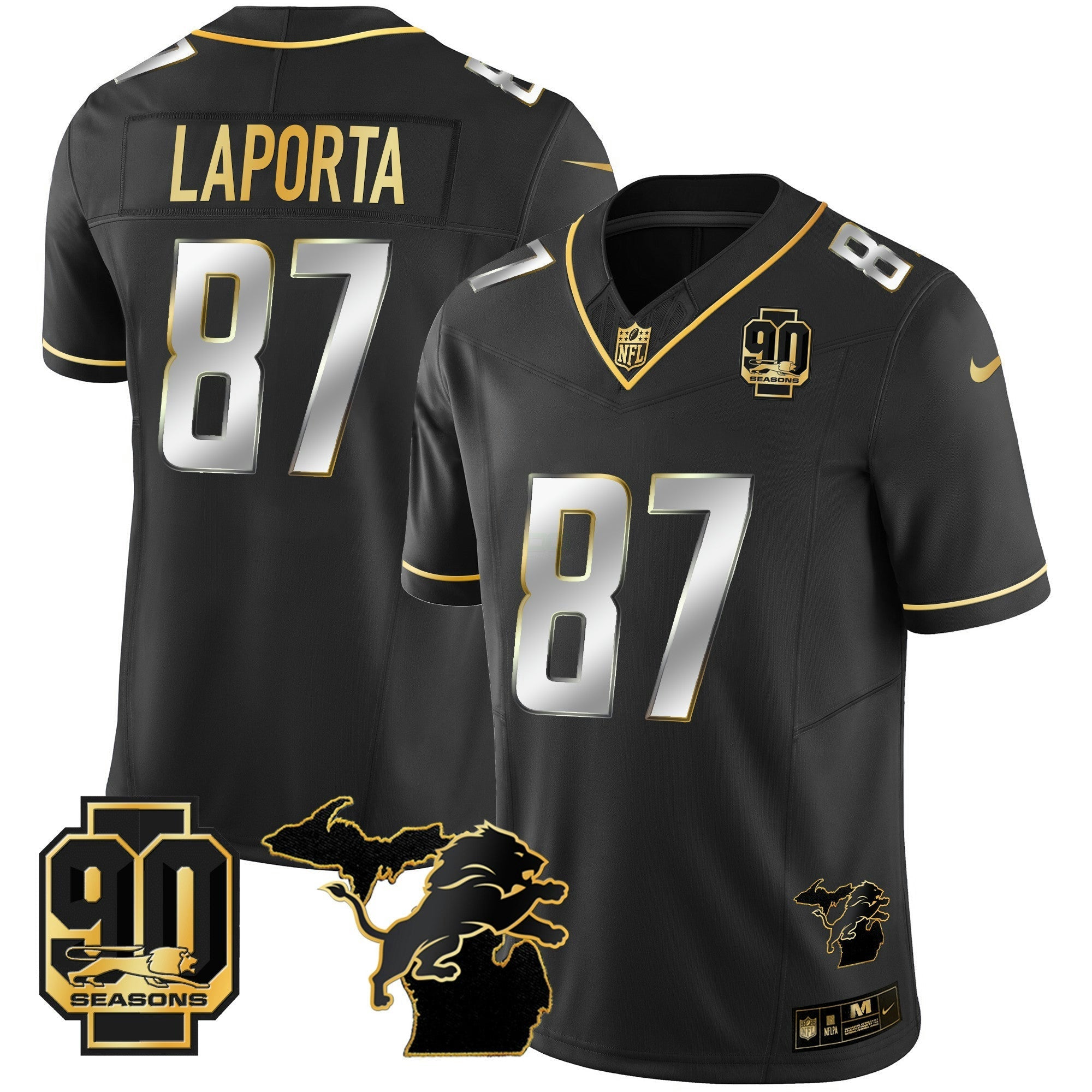 Camisa NFL Men’s Detroit 90th Year & Michigan Patch Dourada Vapor Jersey