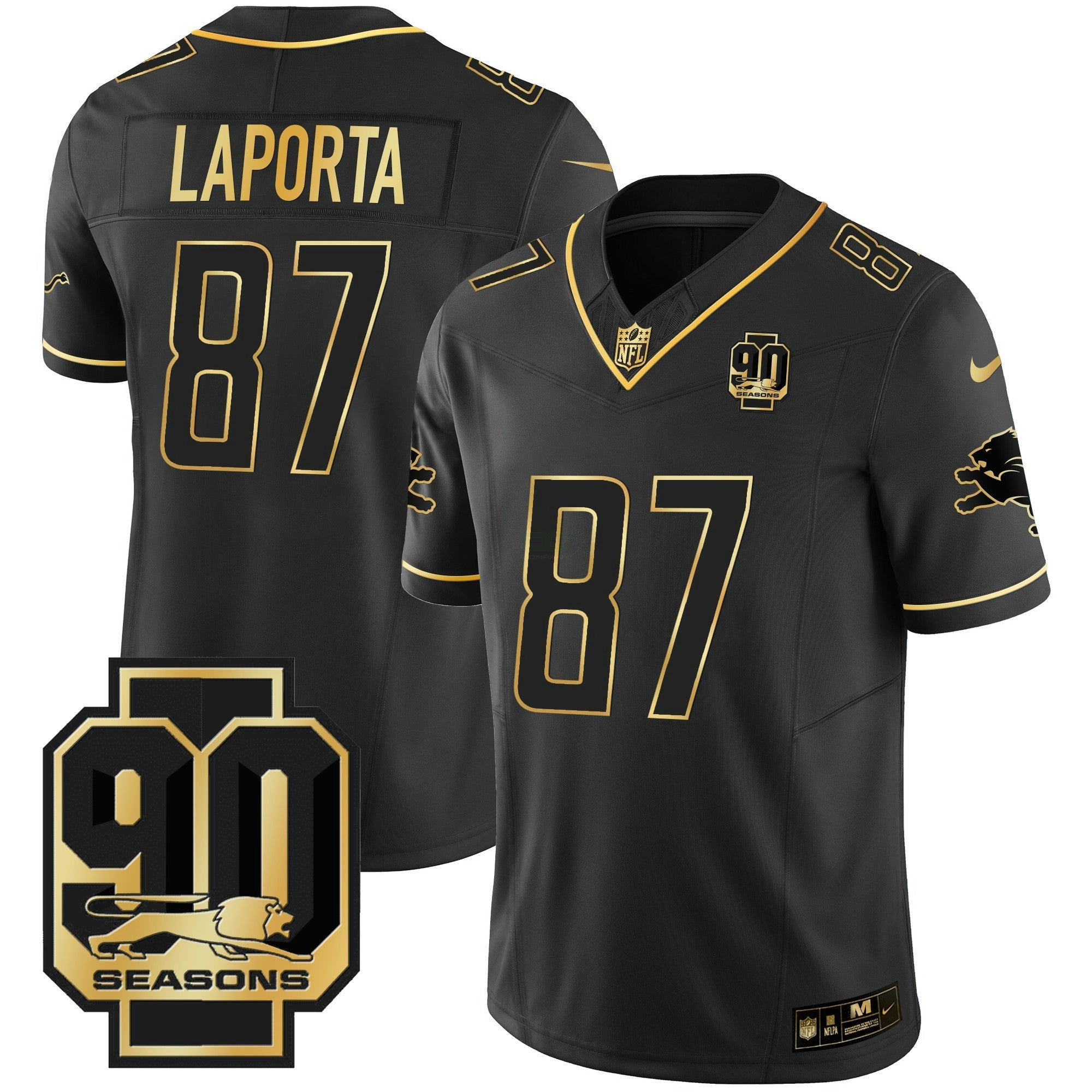 Camisa NFL Men’s Detroit 90th Year Patch Dourada Jersey