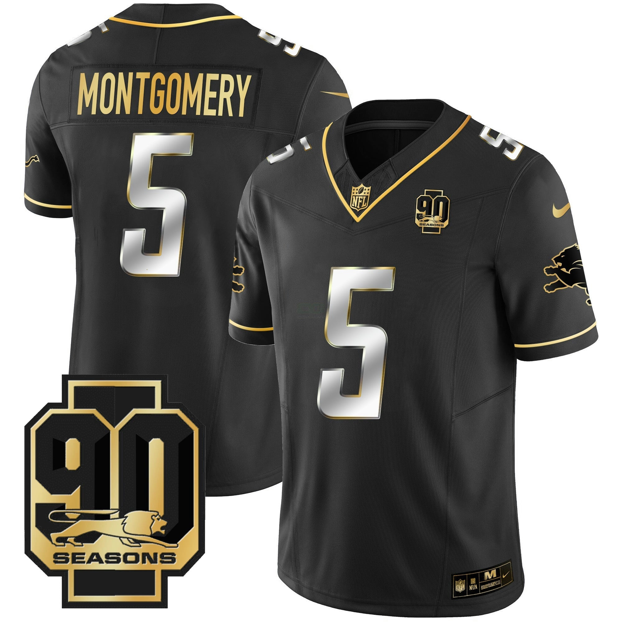Camisa NFL Men’s Detroit 90th Year Patch Dourada Jersey