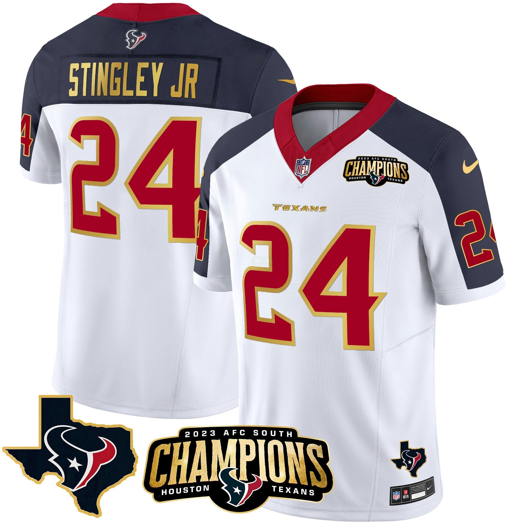 Camisa NFL Men’s Houston 2023 AFC South Champions Patch Dourada Trim Vapor Jersey