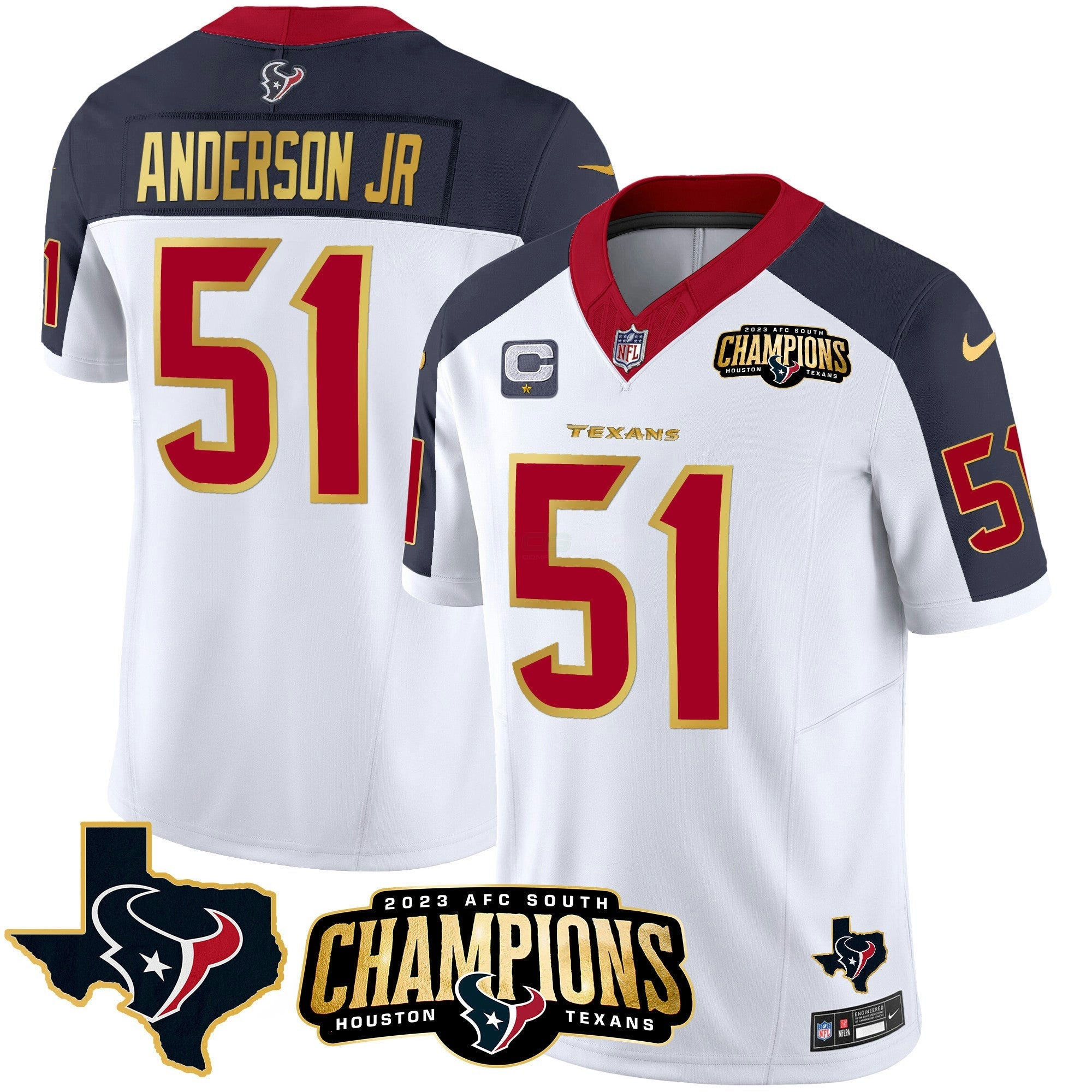 Camisa NFL Men’s Houston 2023 AFC South Champions Patch Dourada Trim Vapor Jersey