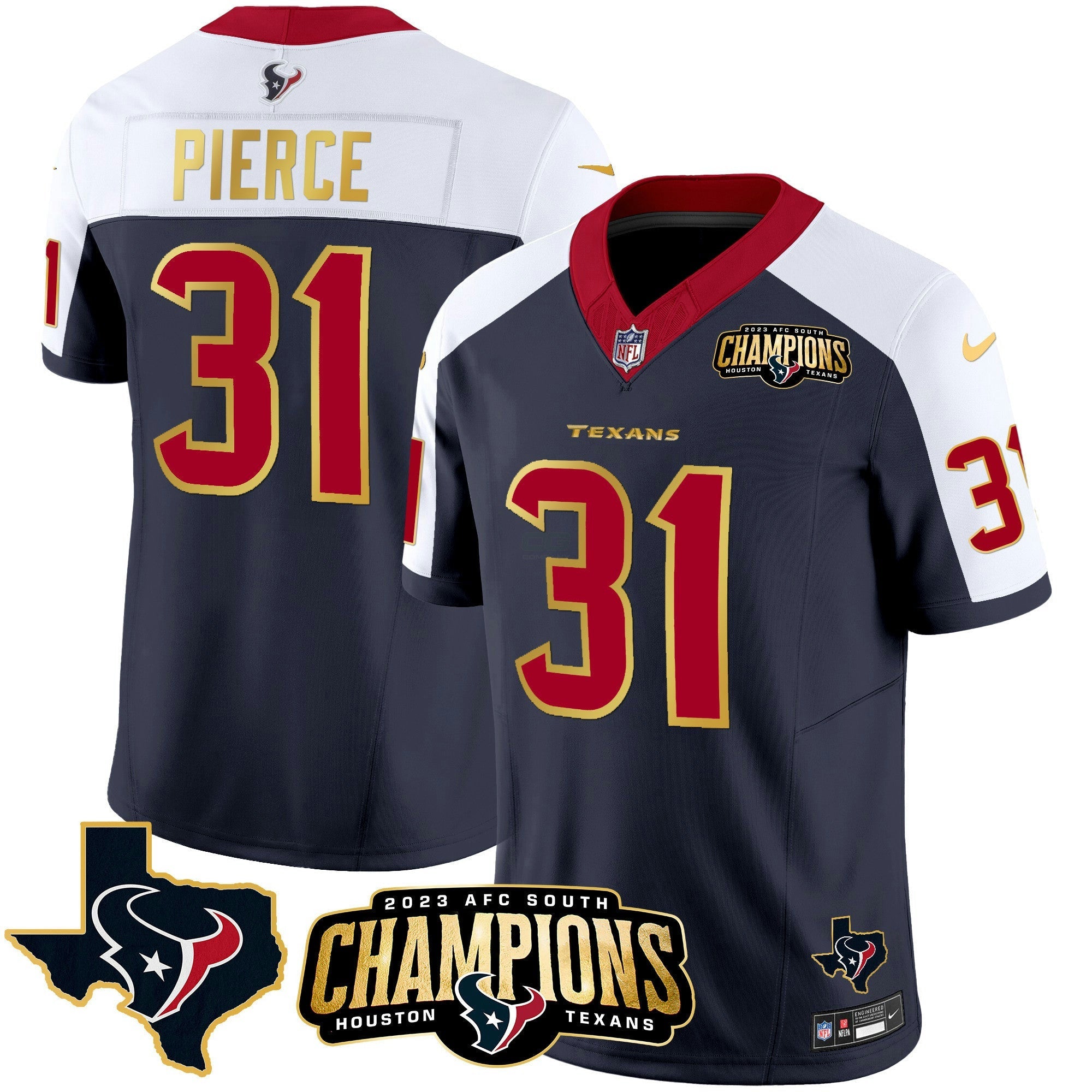 Camisa NFL Men’s Houston 2023 AFC South Champions Patch Dourada Trim Vapor Jersey