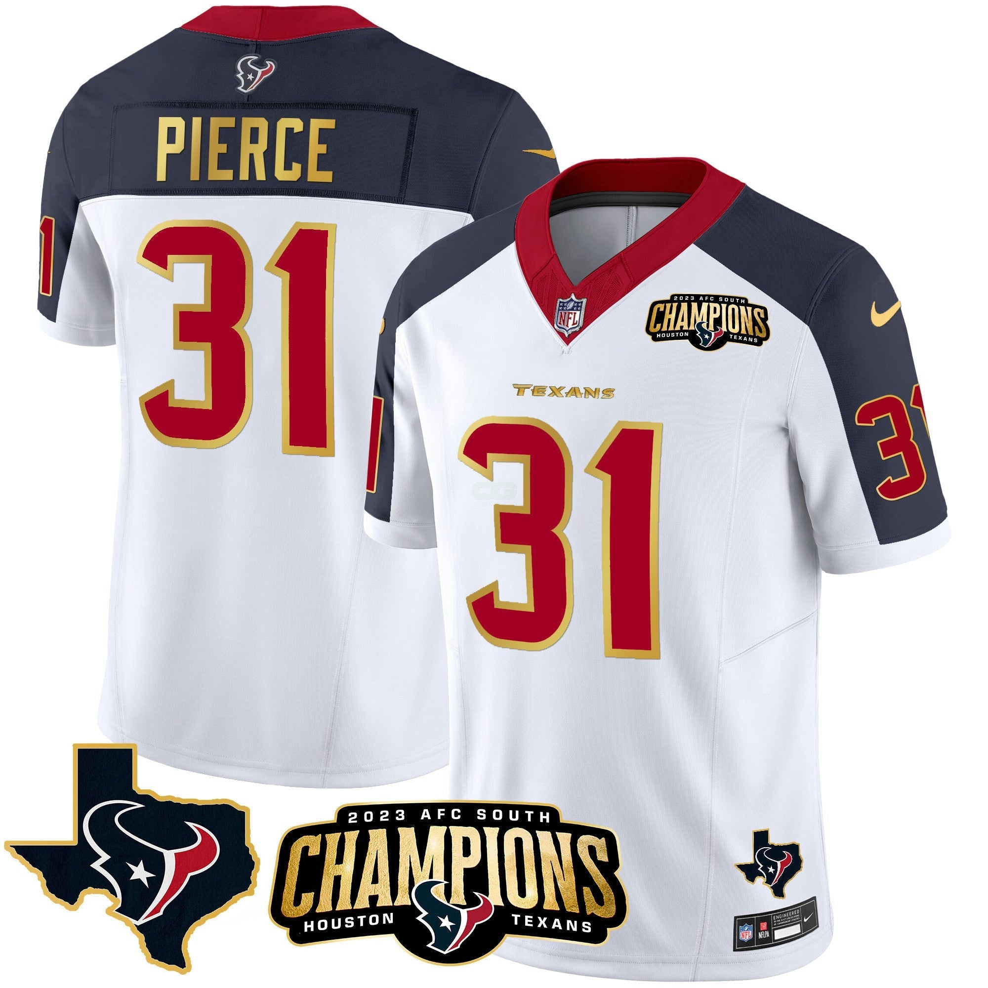 Camisa NFL Men’s Houston 2023 AFC South Champions Patch Dourada Trim Vapor Jersey