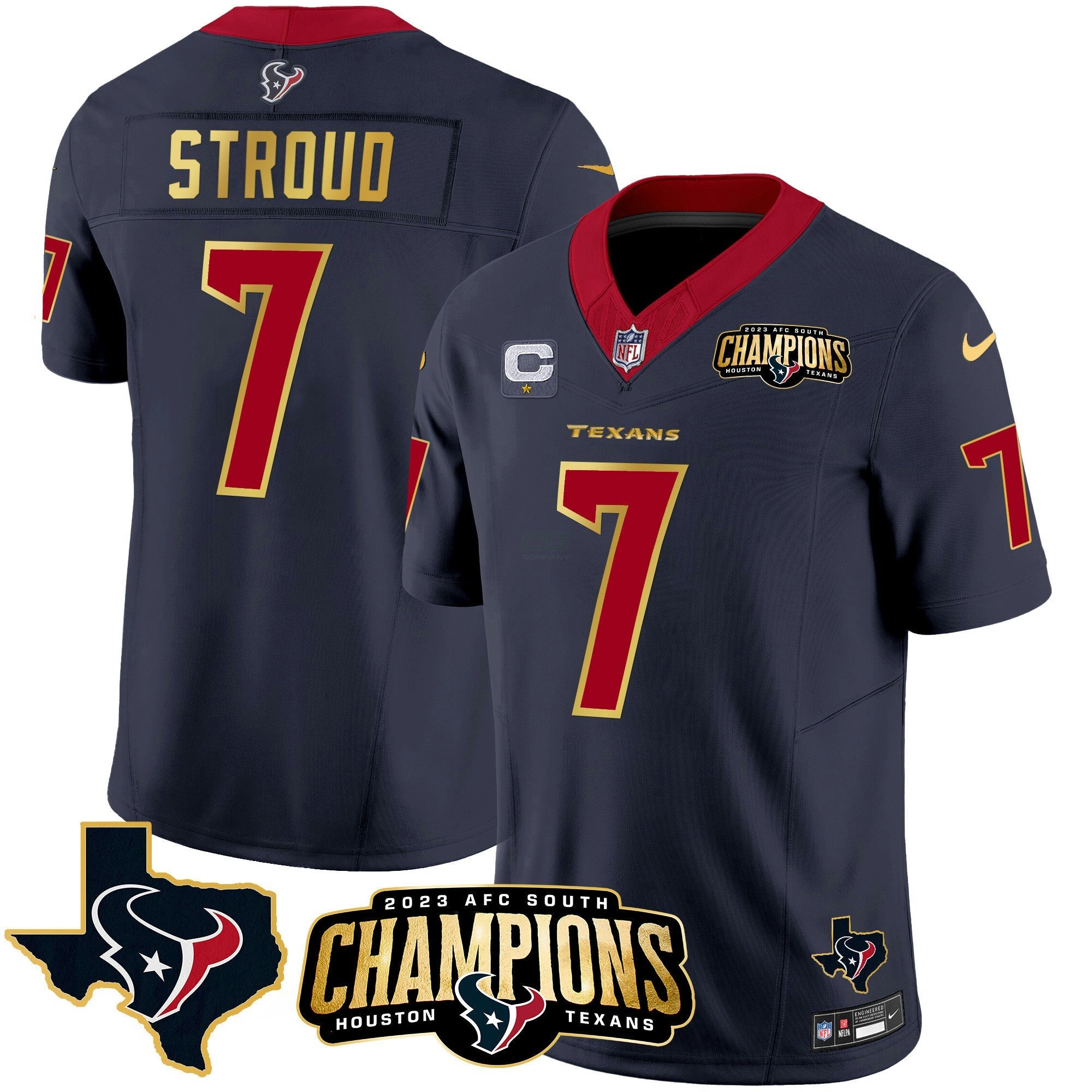 Camisa NFL Men’s Houston 2023 AFC South Champions Patch Dourada Trim Vapor Jersey