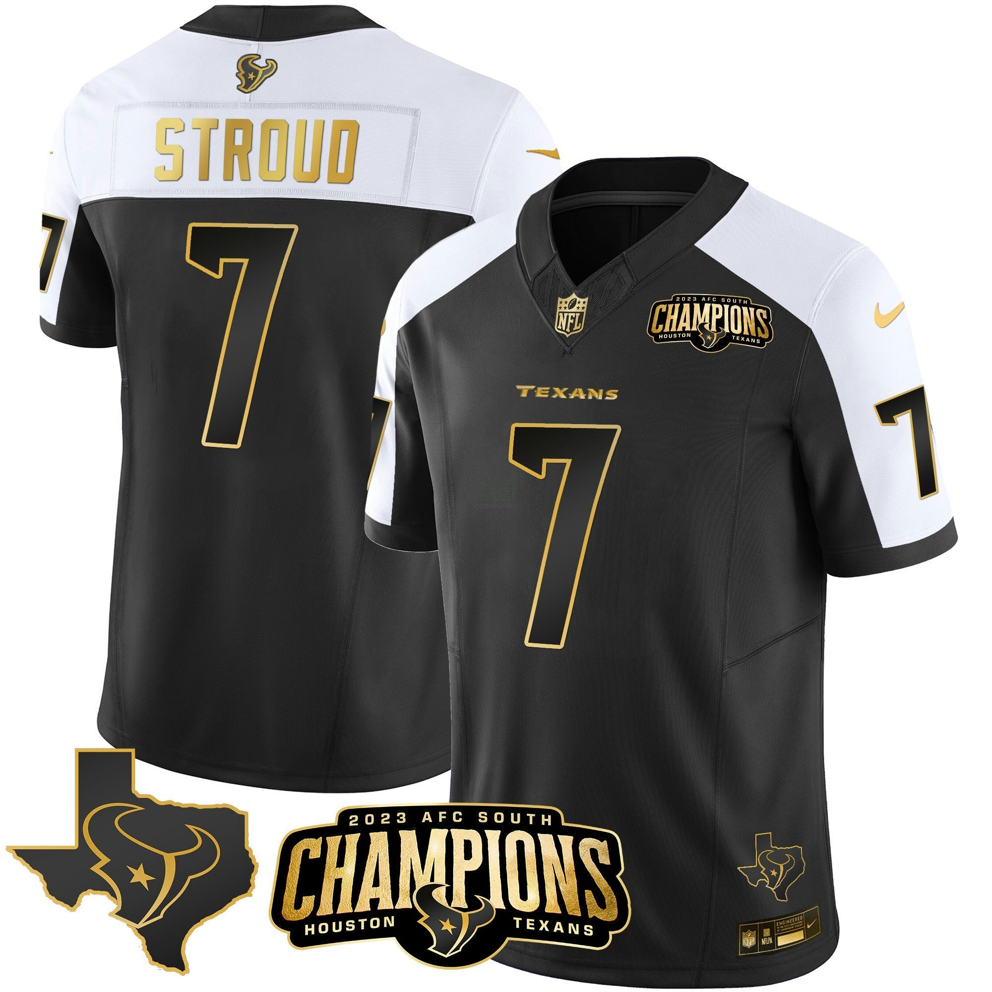 Camisa NFL Men’s Houston 2023 AFC South Champions Patch Dourada Vapor Jersey