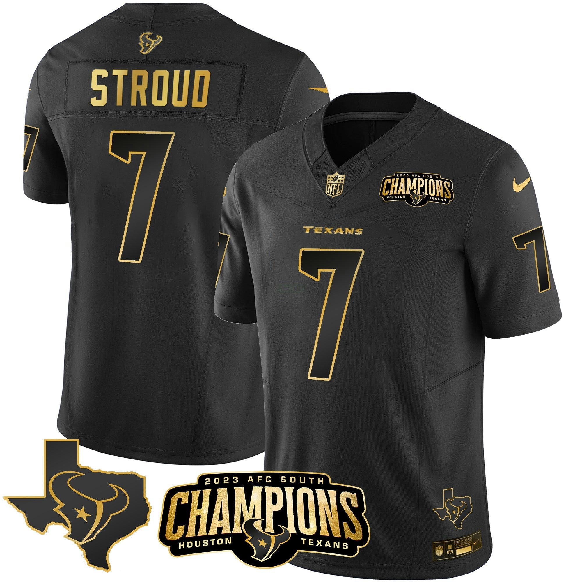 Camisa NFL Men’s Houston 2023 AFC South Champions Patch Dourada Vapor Jersey