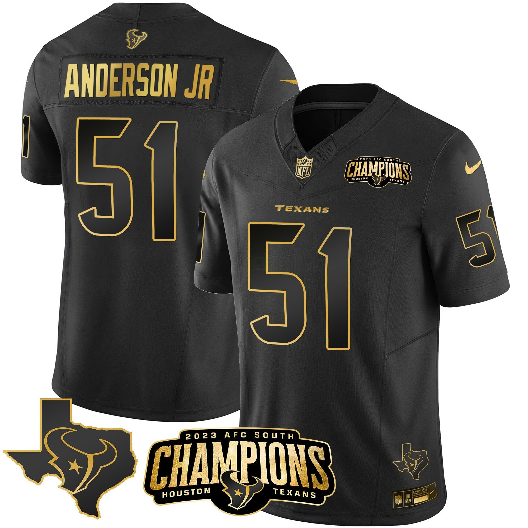 Camisa NFL Men’s Houston 2023 AFC South Champions Patch Dourada Vapor Jersey
