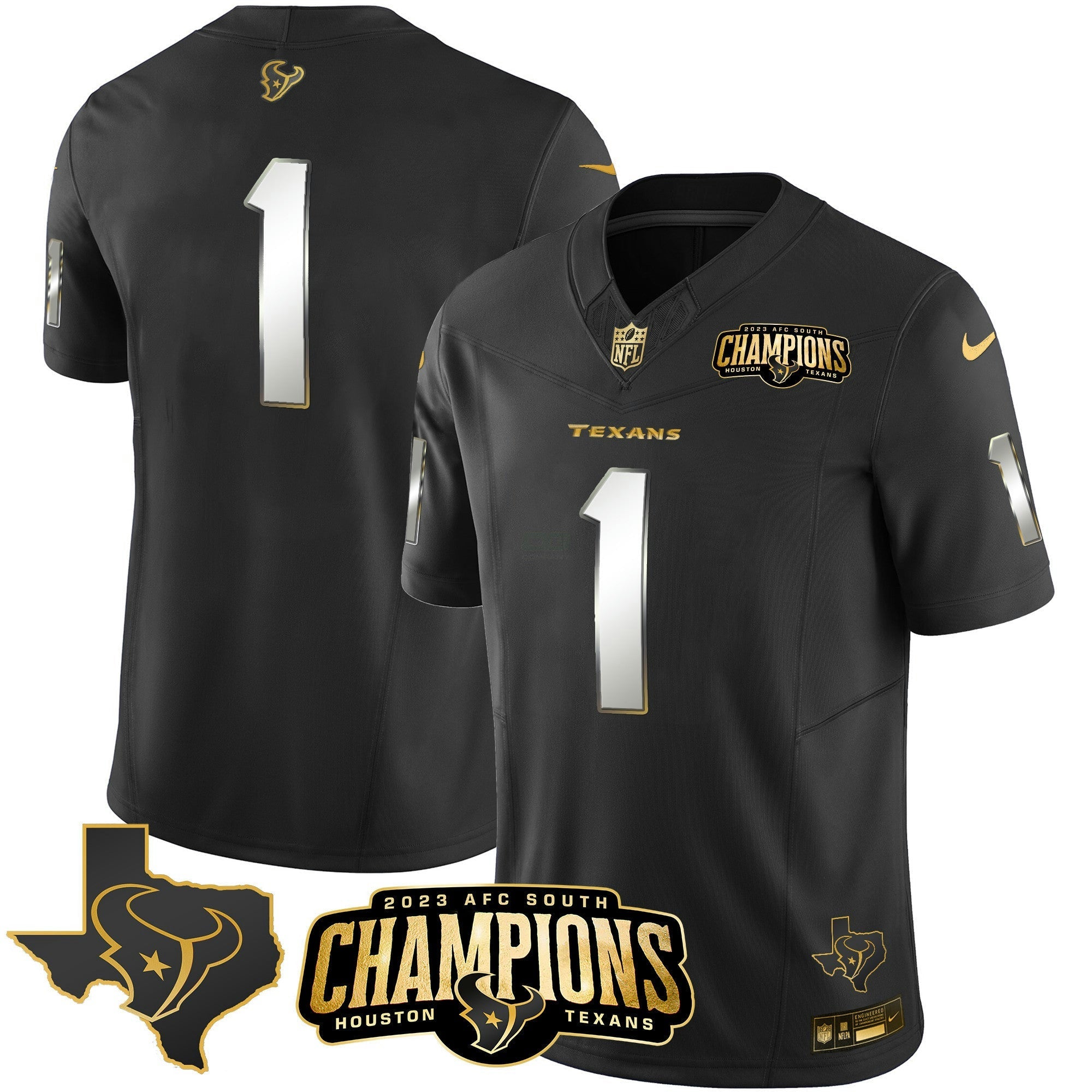 Camisa NFL Men’s Houston 2023 AFC South Champions Patch Dourada Vapor Jersey