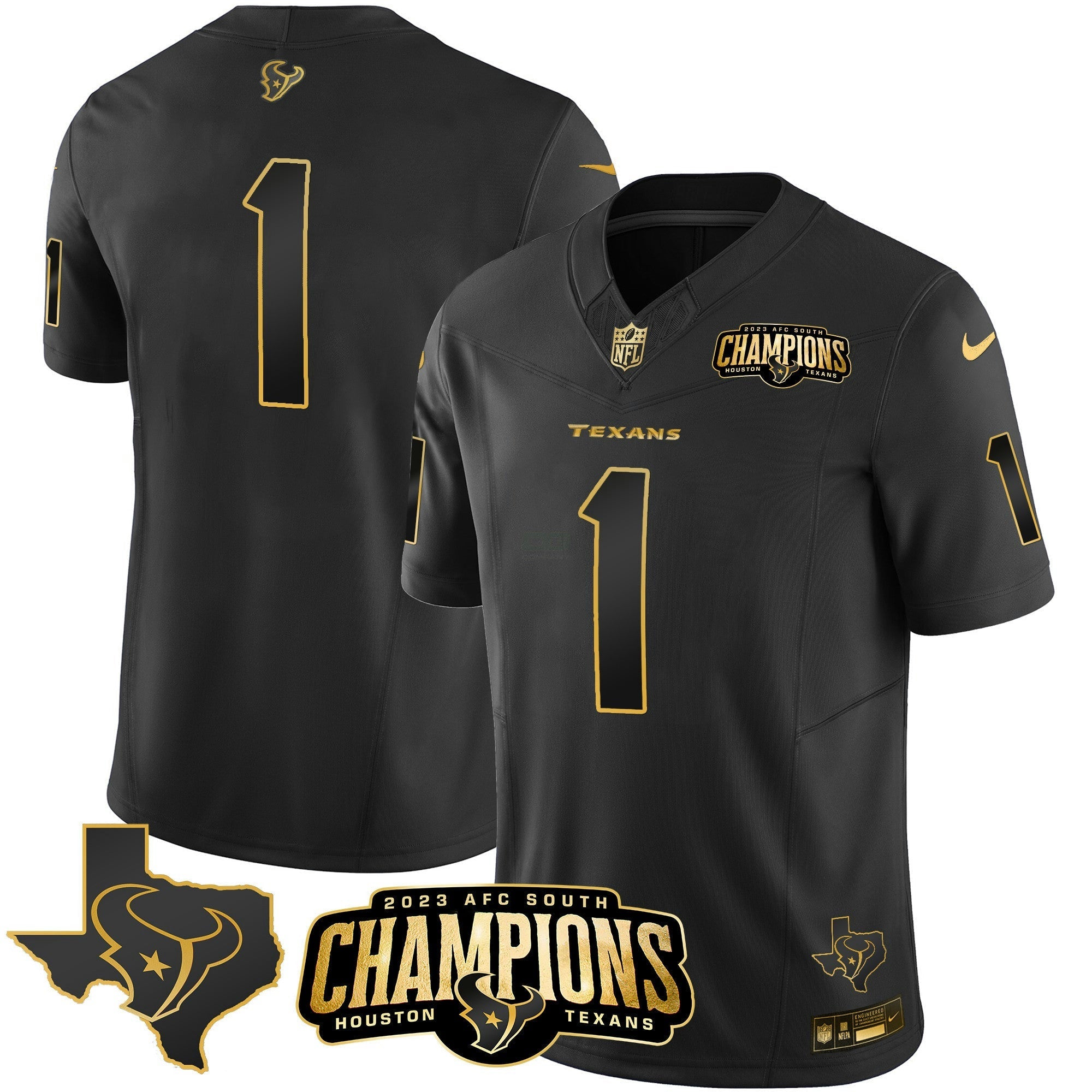 Camisa NFL Men’s Houston 2023 AFC South Champions Patch Dourada Vapor Jersey