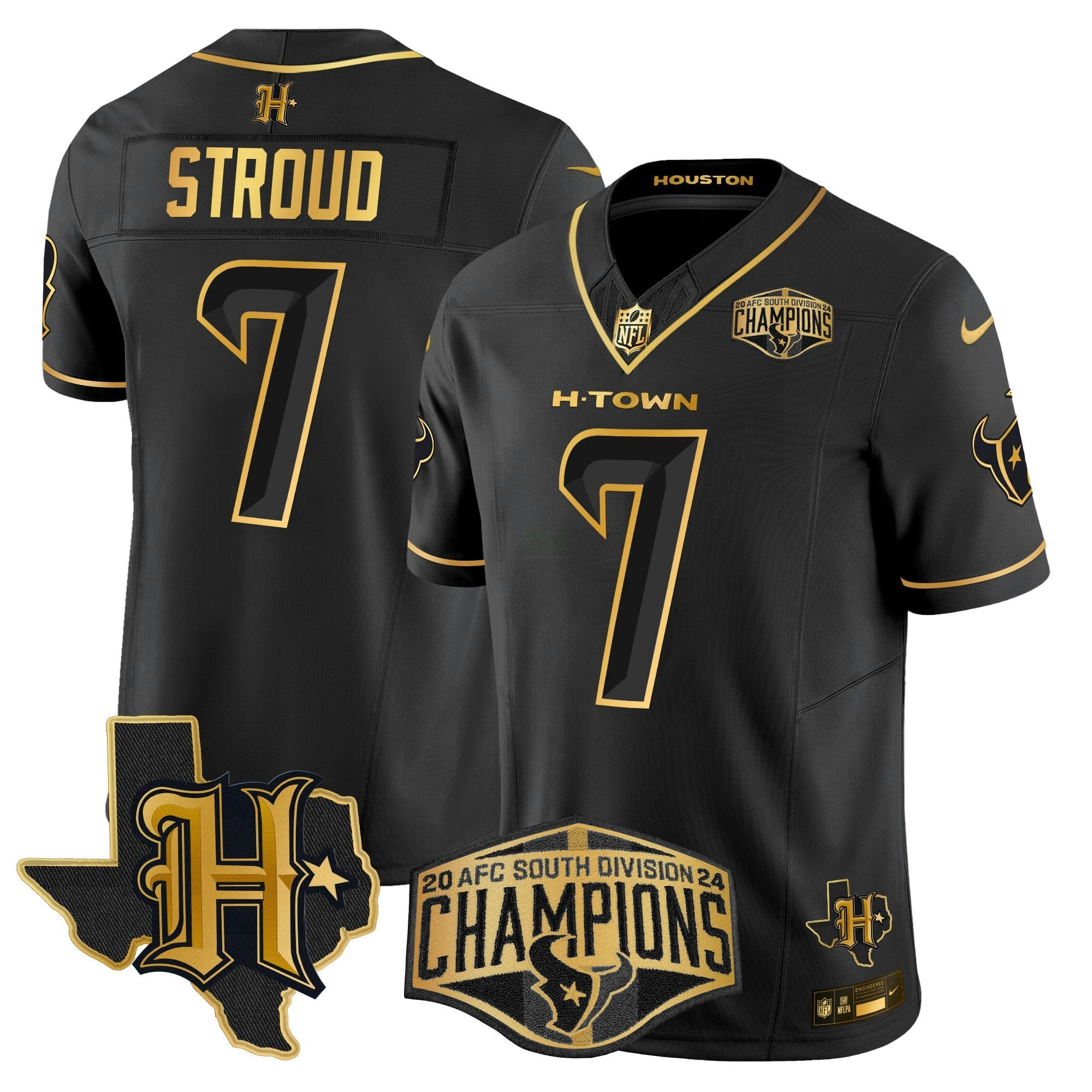 Camisa NFL Men’s Houston 2024 AFC South Division Champions Patch Dourada Vapor Limited Jersey