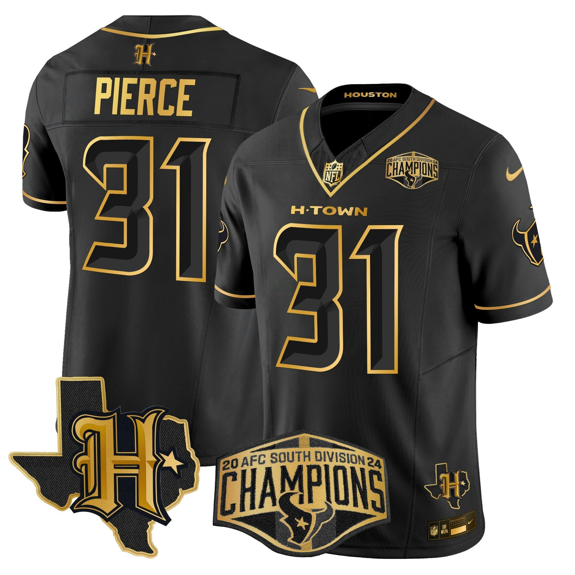 Camisa NFL Men’s Houston 2024 AFC South Division Champions Patch Dourada Vapor Limited Jersey