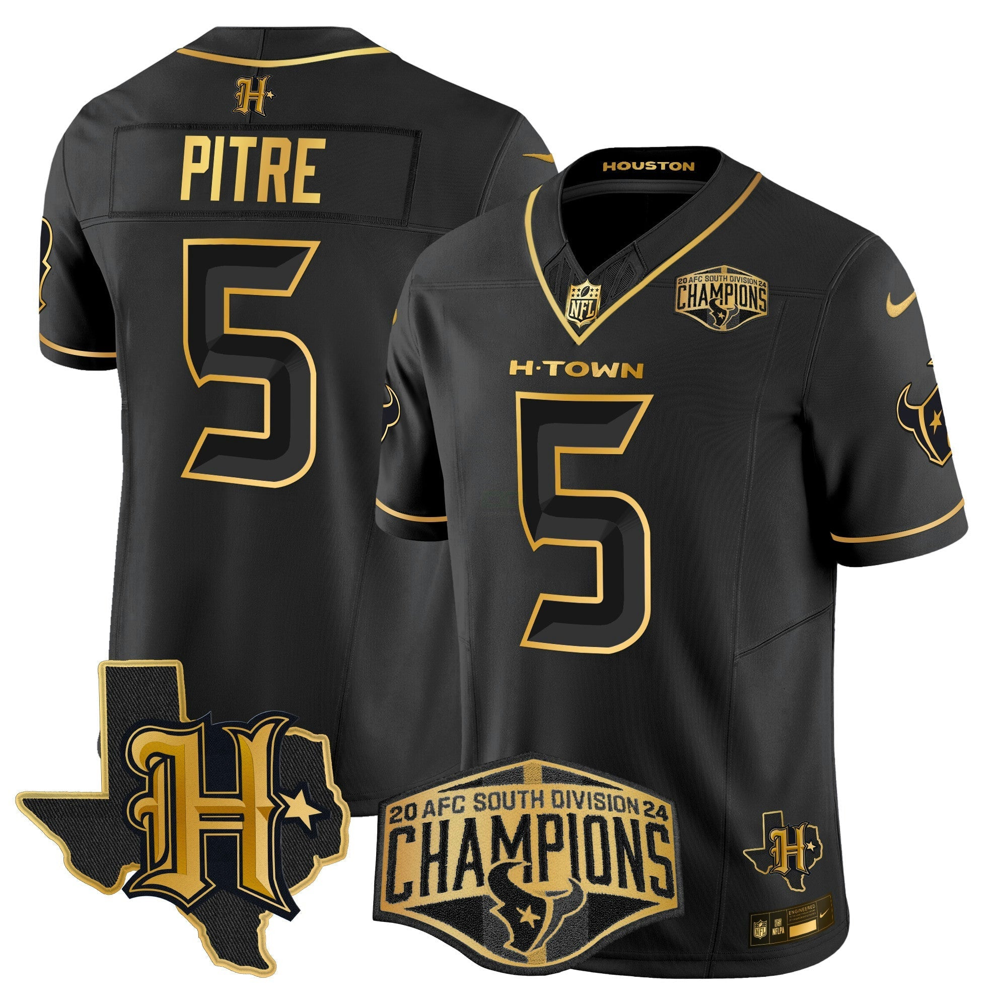 Camisa NFL Men’s Houston 2024 AFC South Division Champions Patch Dourada Vapor Limited Jersey