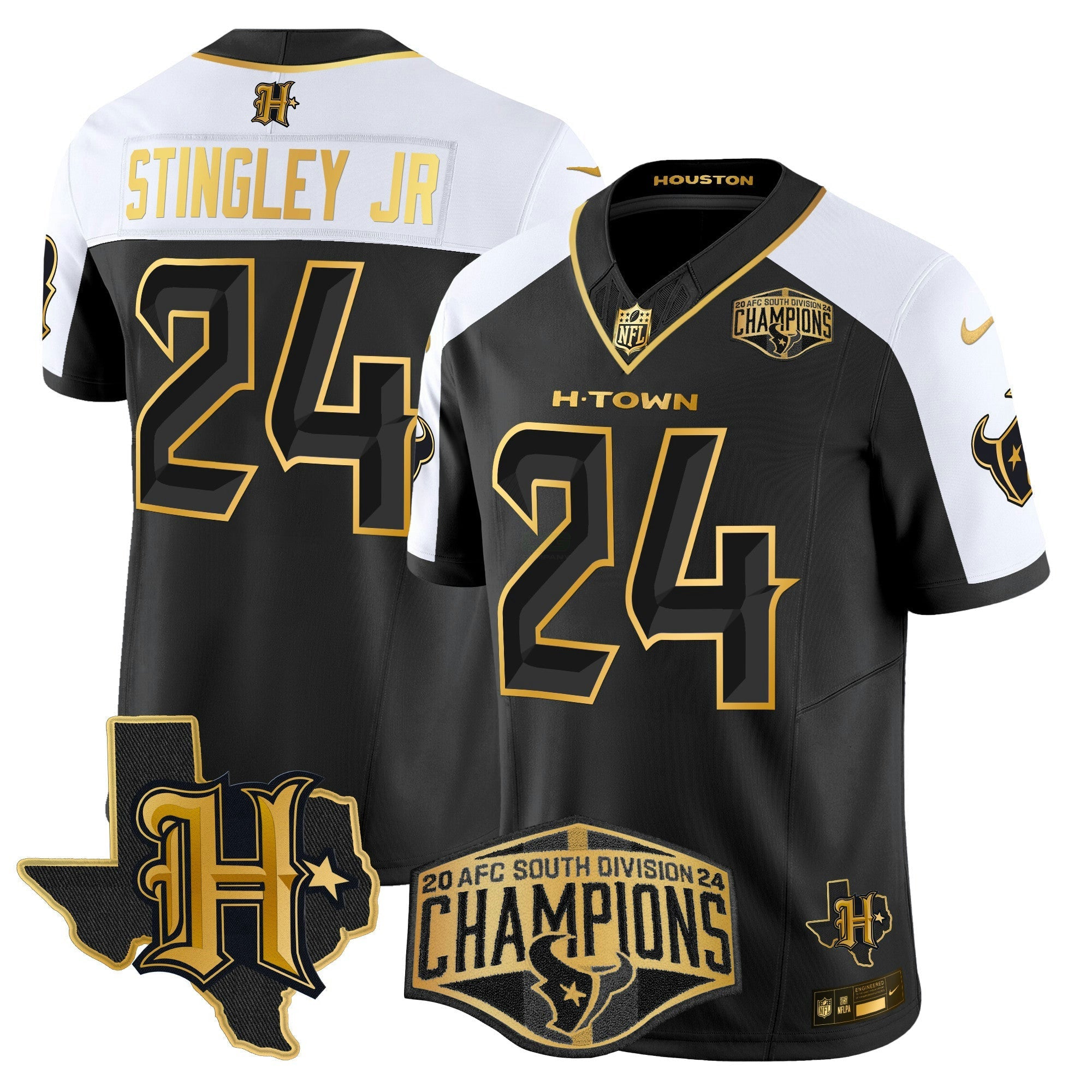 Camisa NFL Men’s Houston 2024 AFC South Division Champions Patch Dourada Vapor Limited Jersey