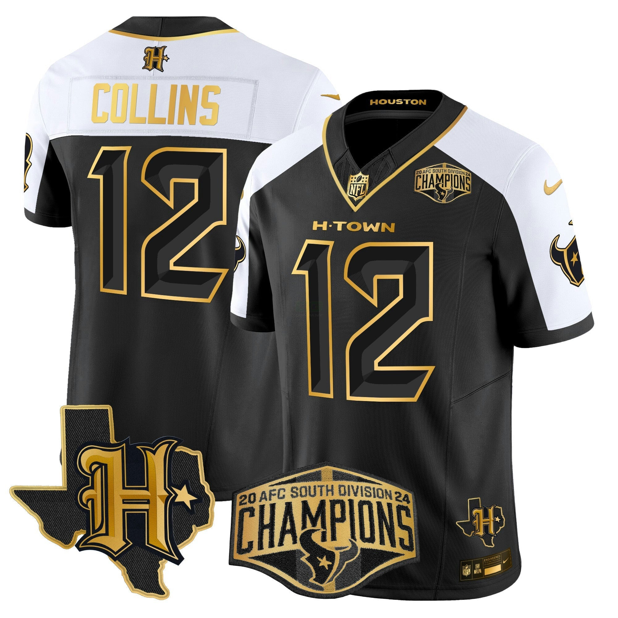 Camisa NFL Men’s Houston 2024 AFC South Division Champions Patch Dourada Vapor Limited Jersey