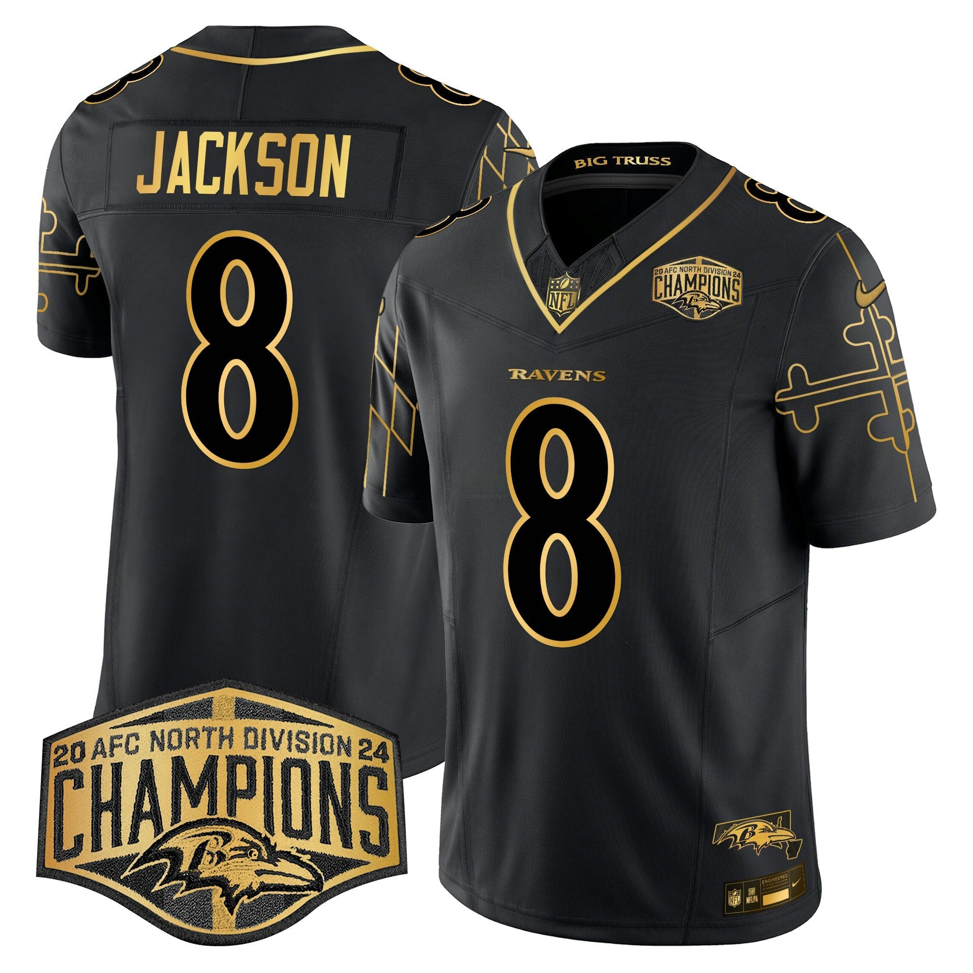 Camisa NFL Men’s Maryland Flag Map 2024 AFC North Division Champions Patch Dourada Vapor Limited Jersey