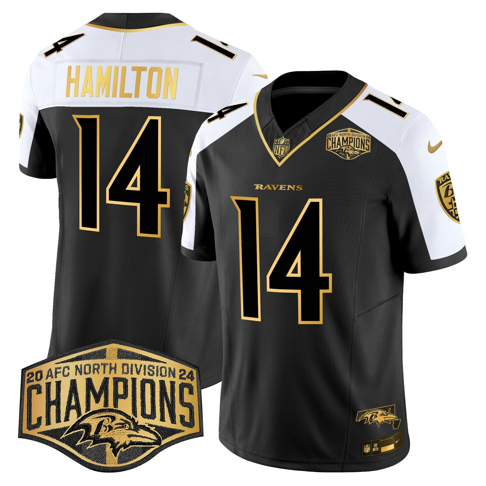 Camisa NFL Men’s Maryland Flag Map 2024 AFC North Division Champions Patch Dourada Vapor Limited Jersey