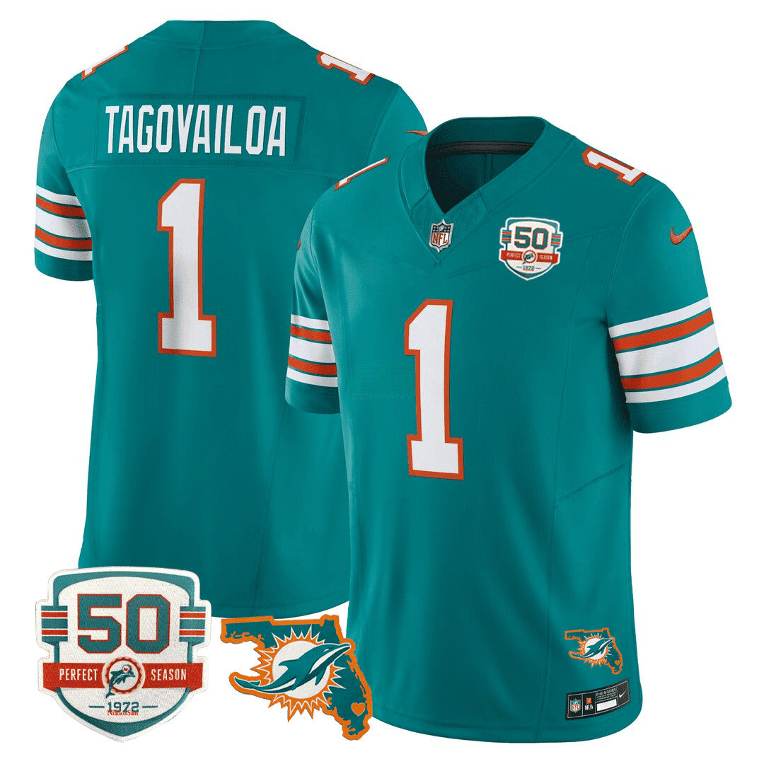 Camisa NFL Men’s Miami DolphinsThrowback 50th Perfect Season & Florida Patch Vapor Jersey