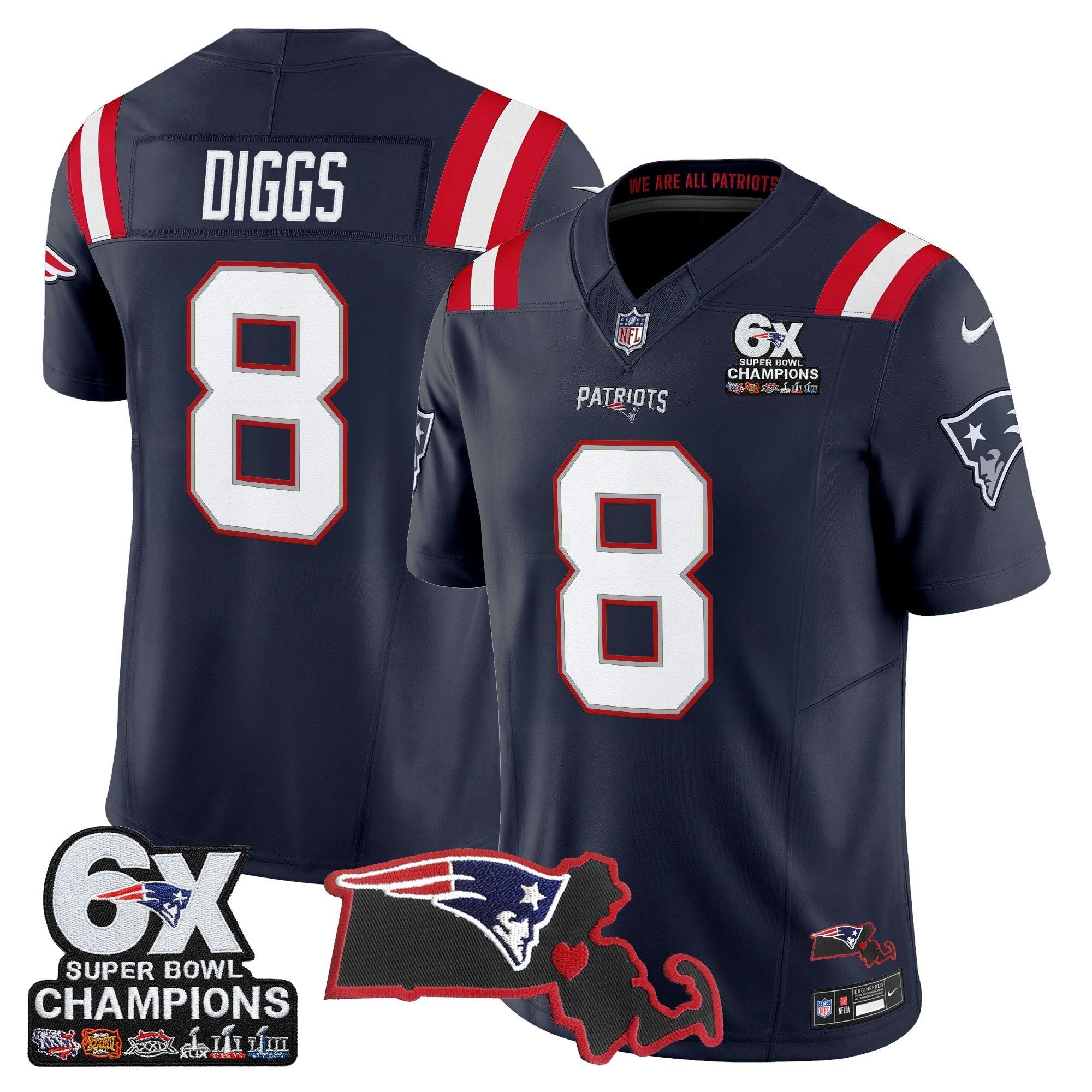 Camisa NFL Men’s New England 6-Time Champions & Massachusetts Patch Vapor Limited Jersey