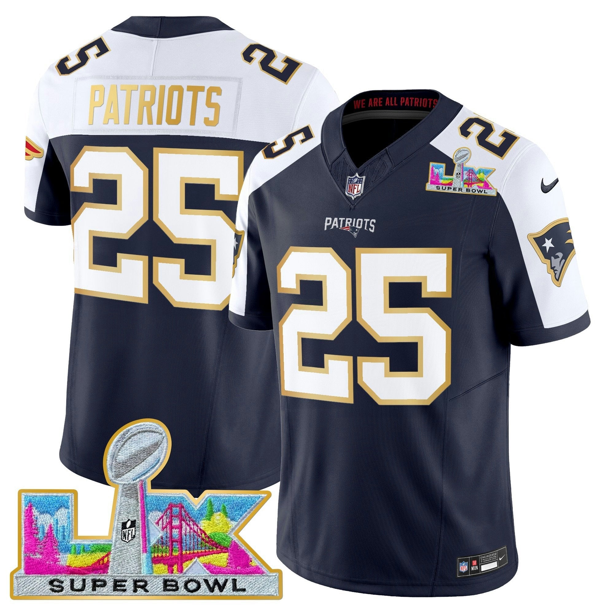 Camisa NFL Men’s New England Super Bowl LX Dourada Trim Vapor Limited Jersey
