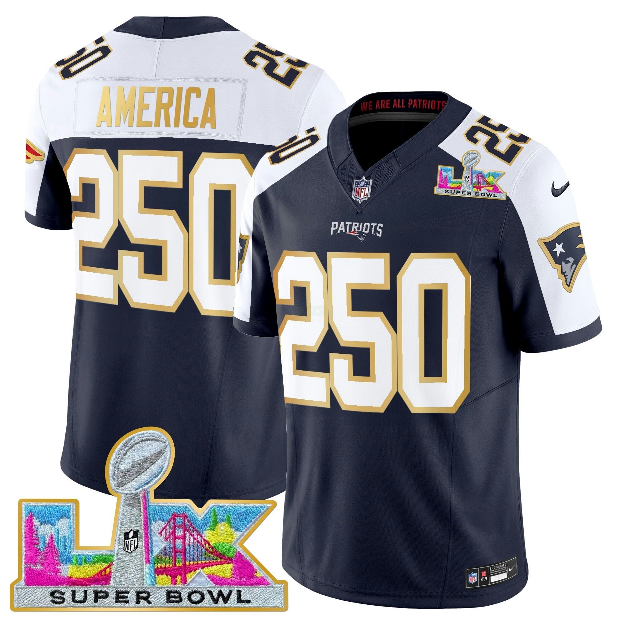 Camisa NFL Men’s New England Super Bowl LX Dourada Trim Vapor Limited Jersey