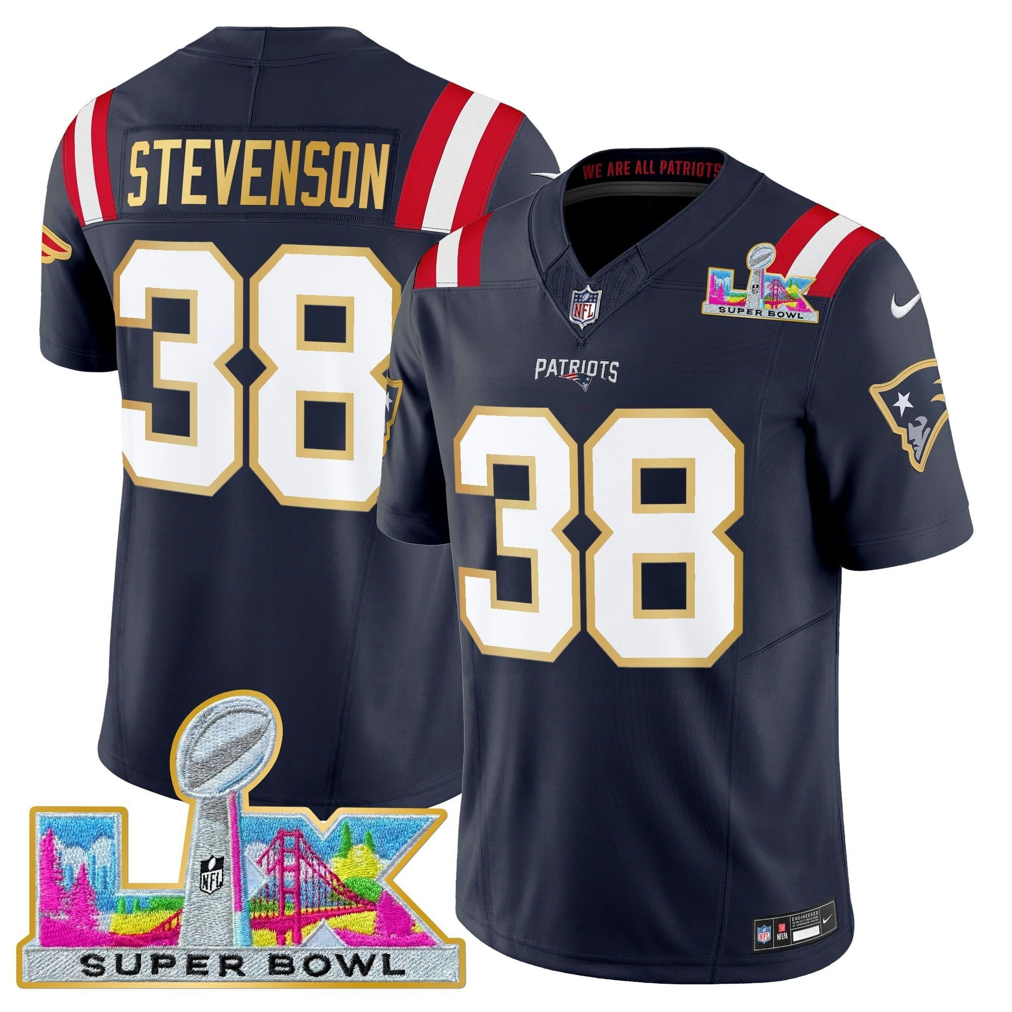 Camisa NFL Men’s New England Super Bowl LX Dourada Trim Vapor Limited Jersey